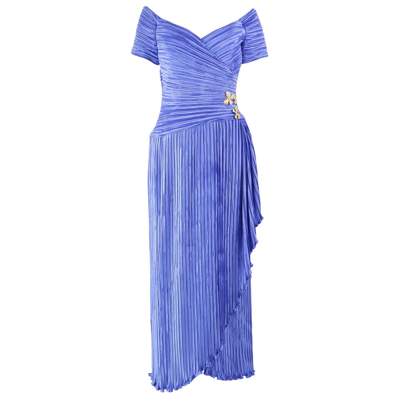 George F Couture Vintage Fortuny Pleated Blue Evening Dress