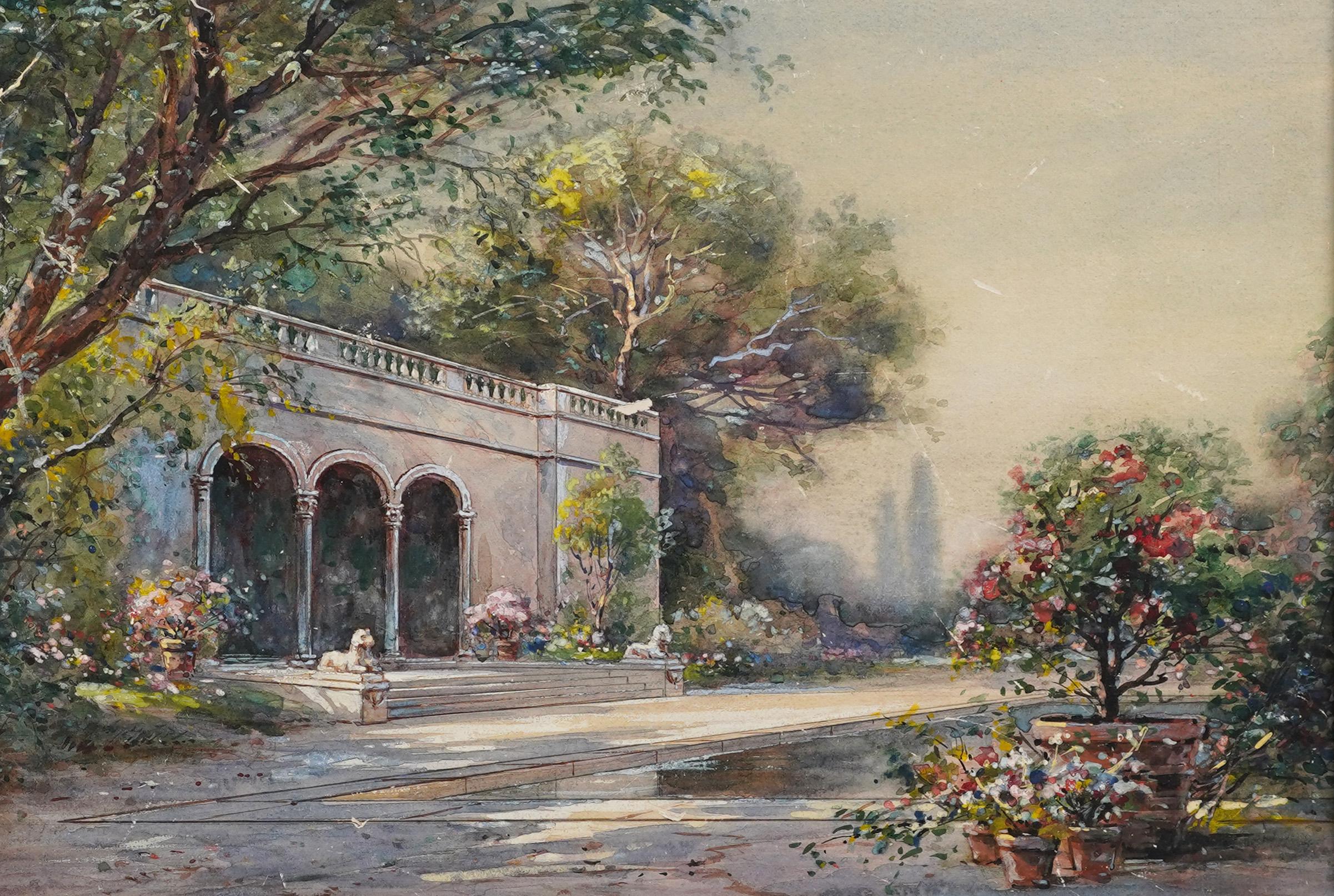 Antique American Impressionist Framed Flower Garden Landscape Signed Painting For Sale 1
