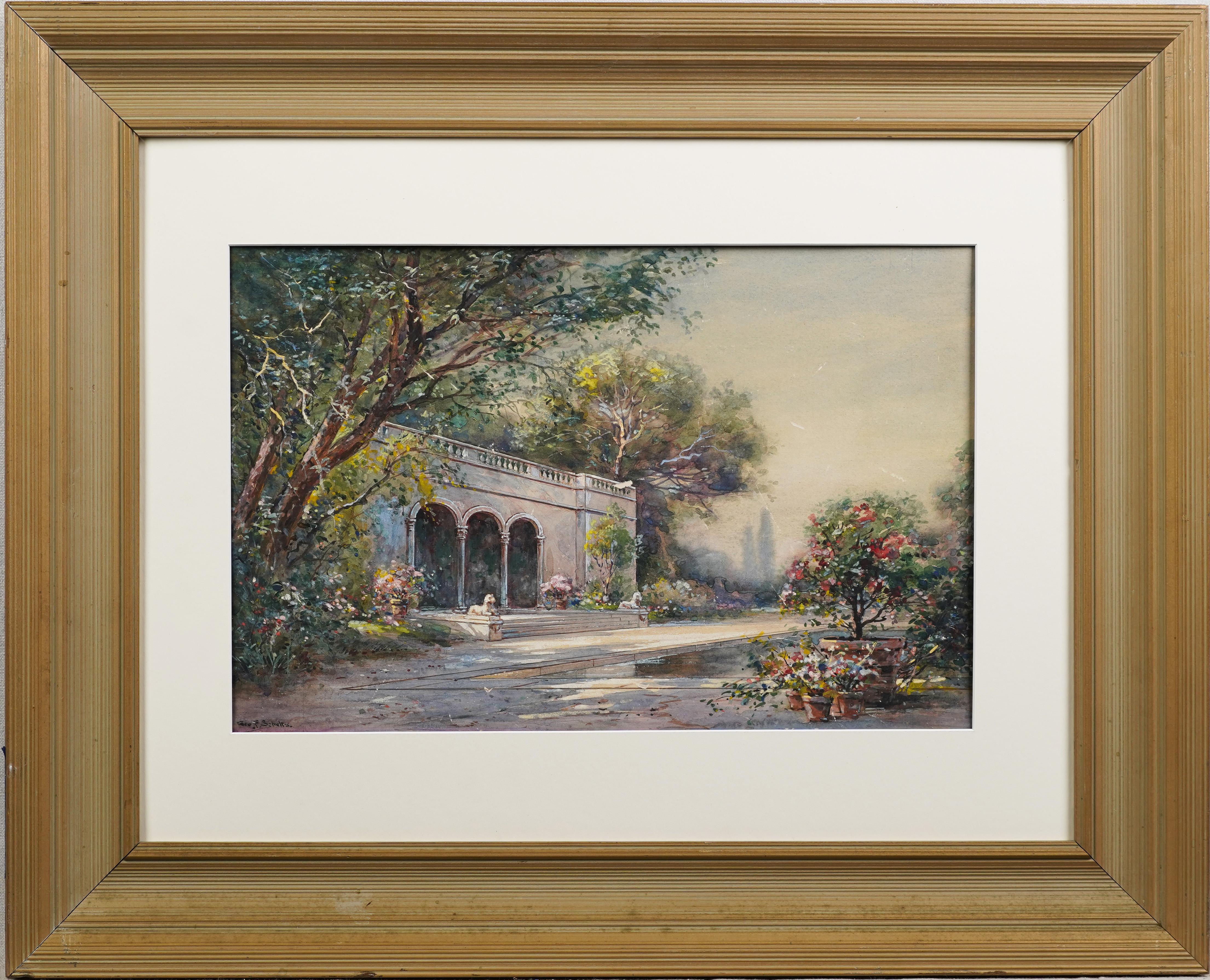 Antico dipinto impressionista americano con cornice e firma sul paesaggio del giardino fiorito