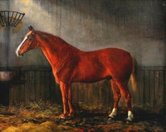 Chestnut Hunter in a Stable - 19th Century Oil on Canvas Antique Horse Painting