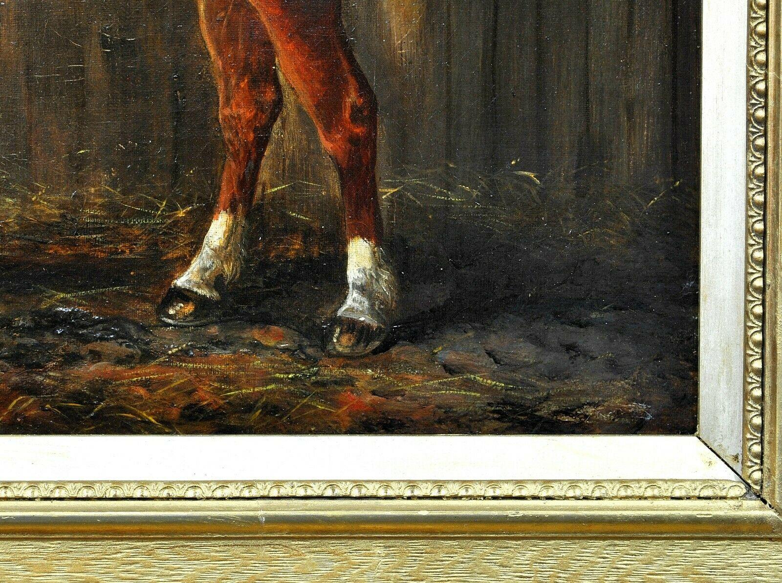 A beautiful large 19th century oil on canvas portrait of a chestnut hunter in a stable by George Ferdinand Fodor. Excellent quality and very good condition portrait of the chestnut in the stable, presented in a good quality antique gilt frame. 

The