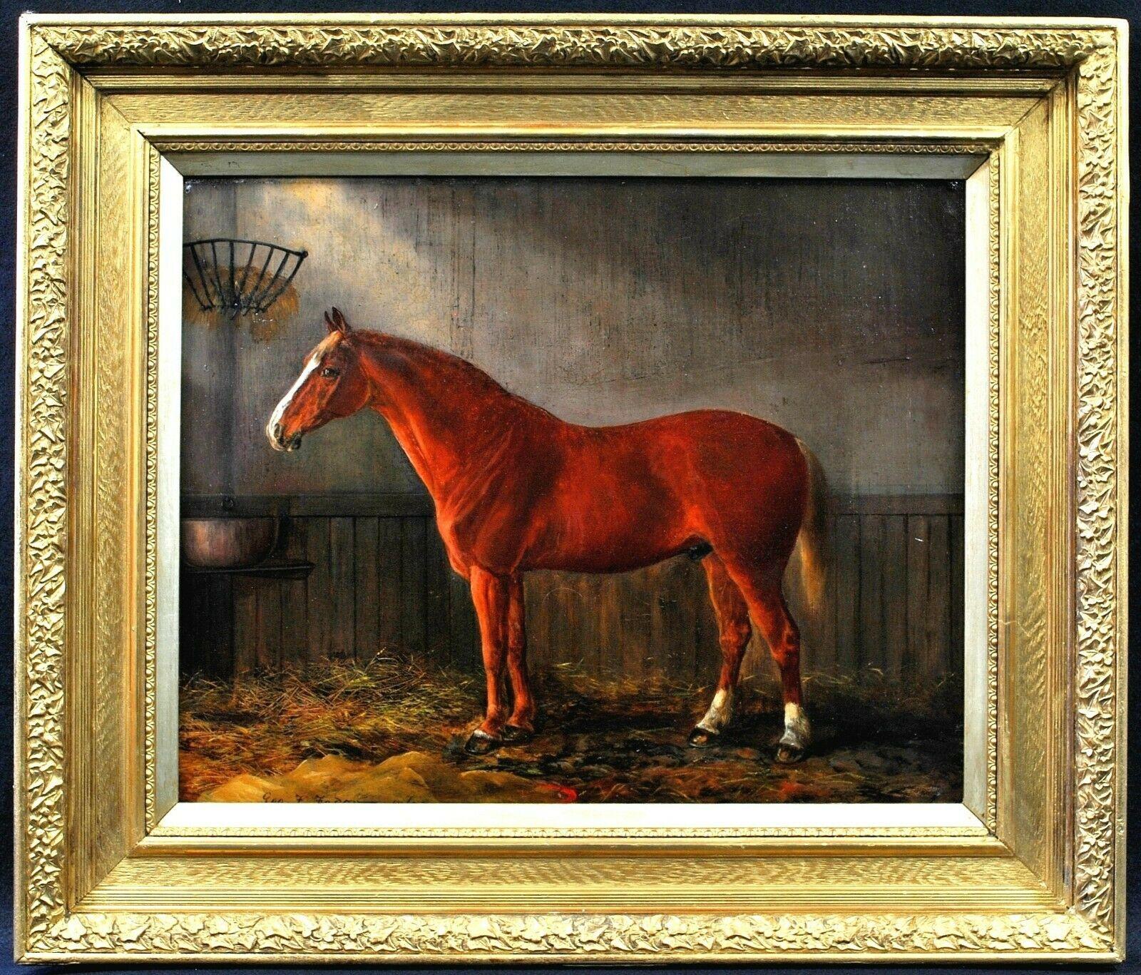 George Ferdinand Fodor Animal Painting - Chestnut Hunter in a Stable - 19th Century Oil on Canvas Antique Horse Painting