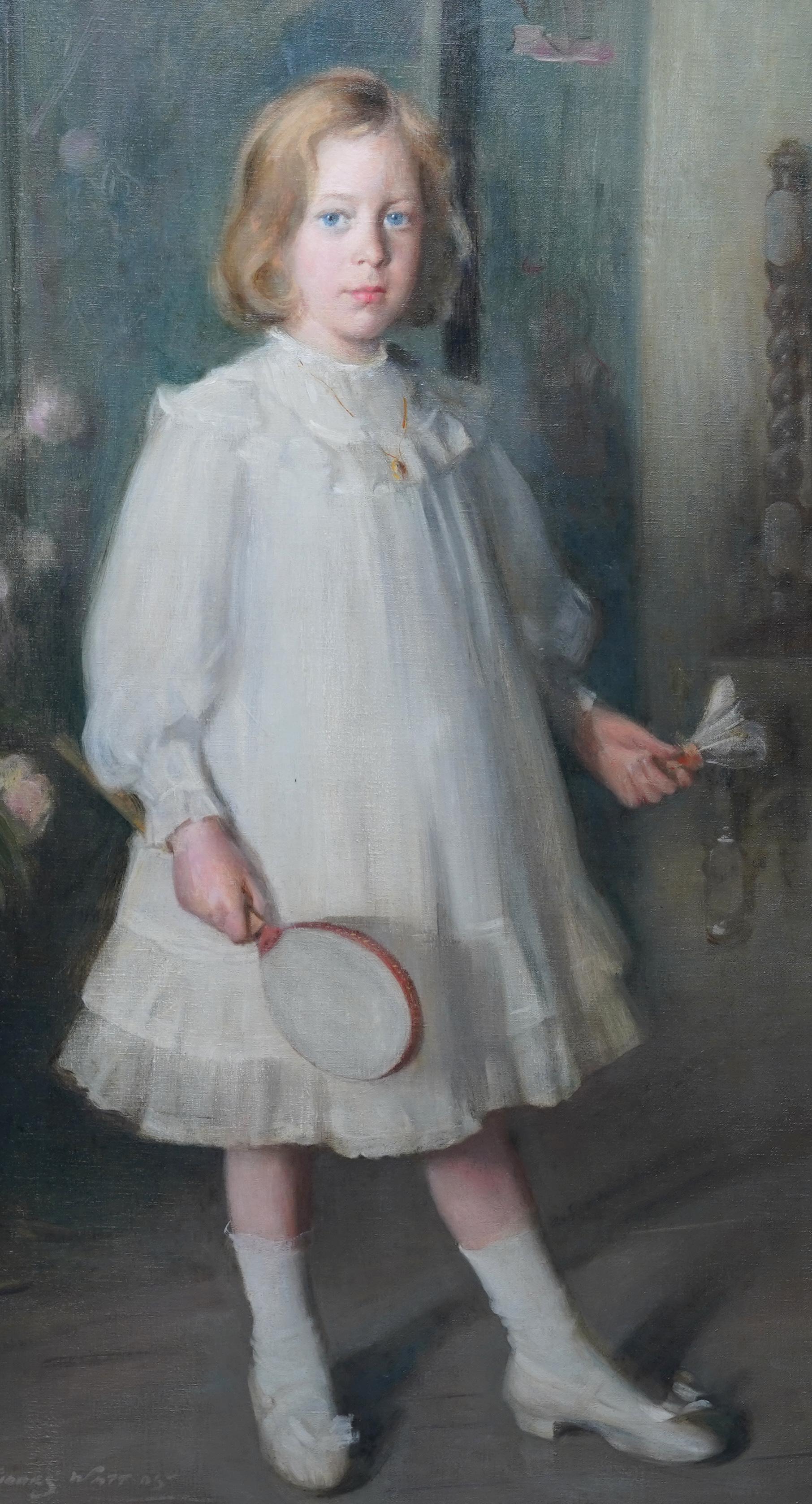 This charming Edwardian Scottish full length portrait oil painting is by noted Scottish portrait artist George Fiddes Watt. Painted circa 1910, the sitter is Muriel Sutherland, daughter of J B Sutherland. Muriel, aged about 9 years old, is stood in