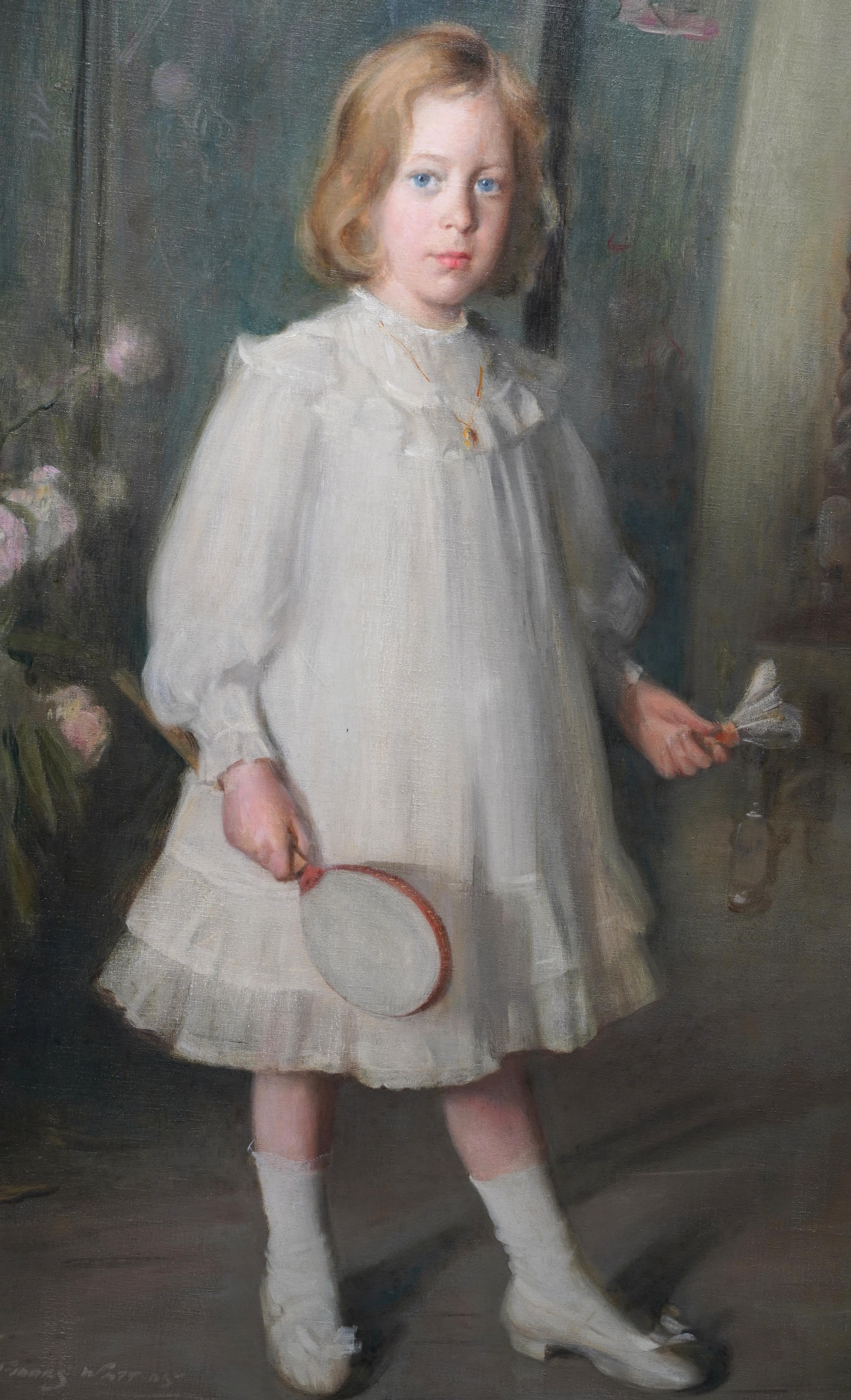 This charming Edwardian Scottish full length portrait oil painting is by noted Scottish portrait artist George Fiddes Watt. Painted circa 1910, the sitter is Muriel Sutherland, daughter of J B Sutherland. Muriel, aged about 9 years old, is stood in