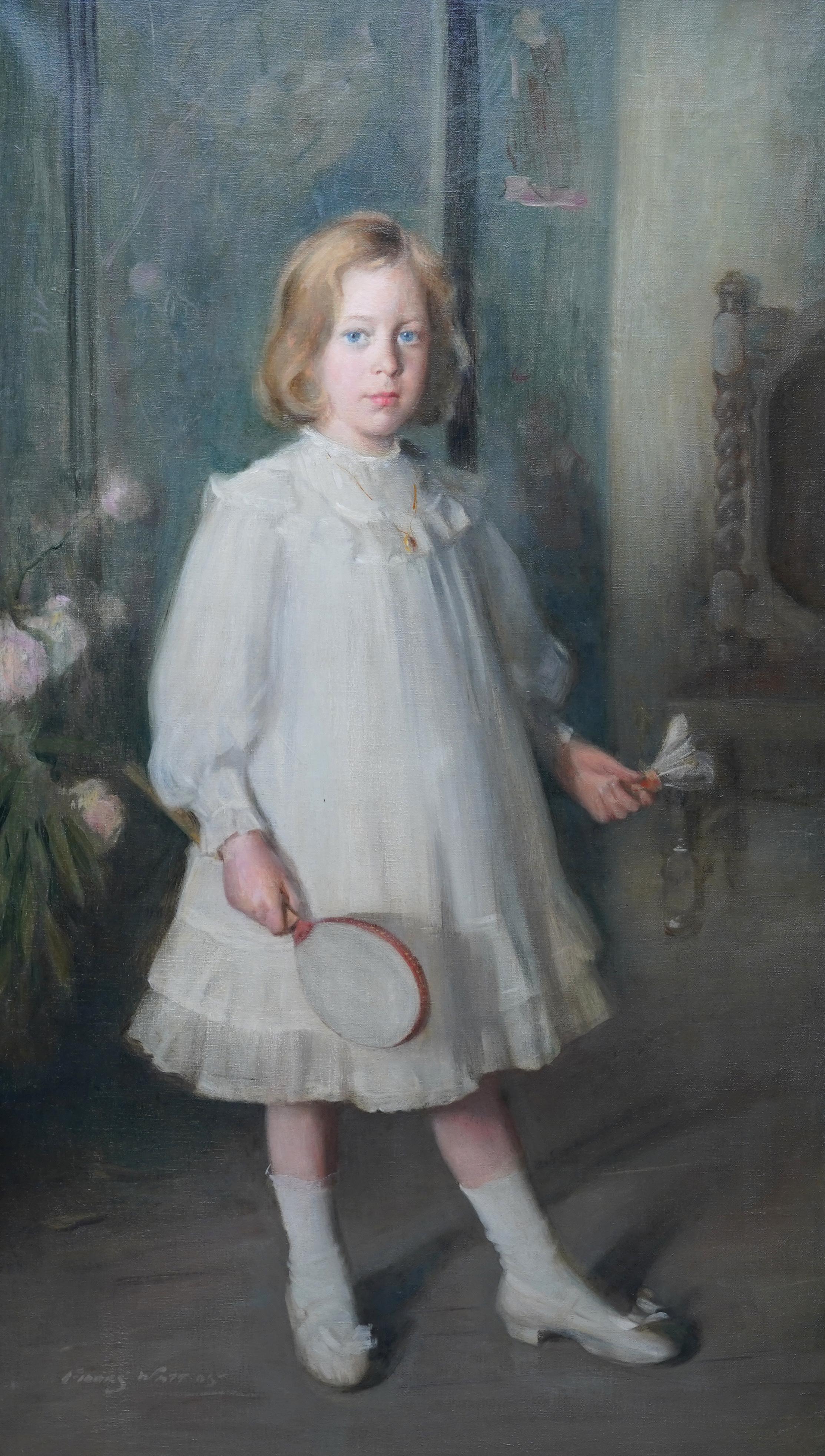 Portrait of Muriel Sutherland Playing Badminton- Scottish Edwardian Oil Painting For Sale 4