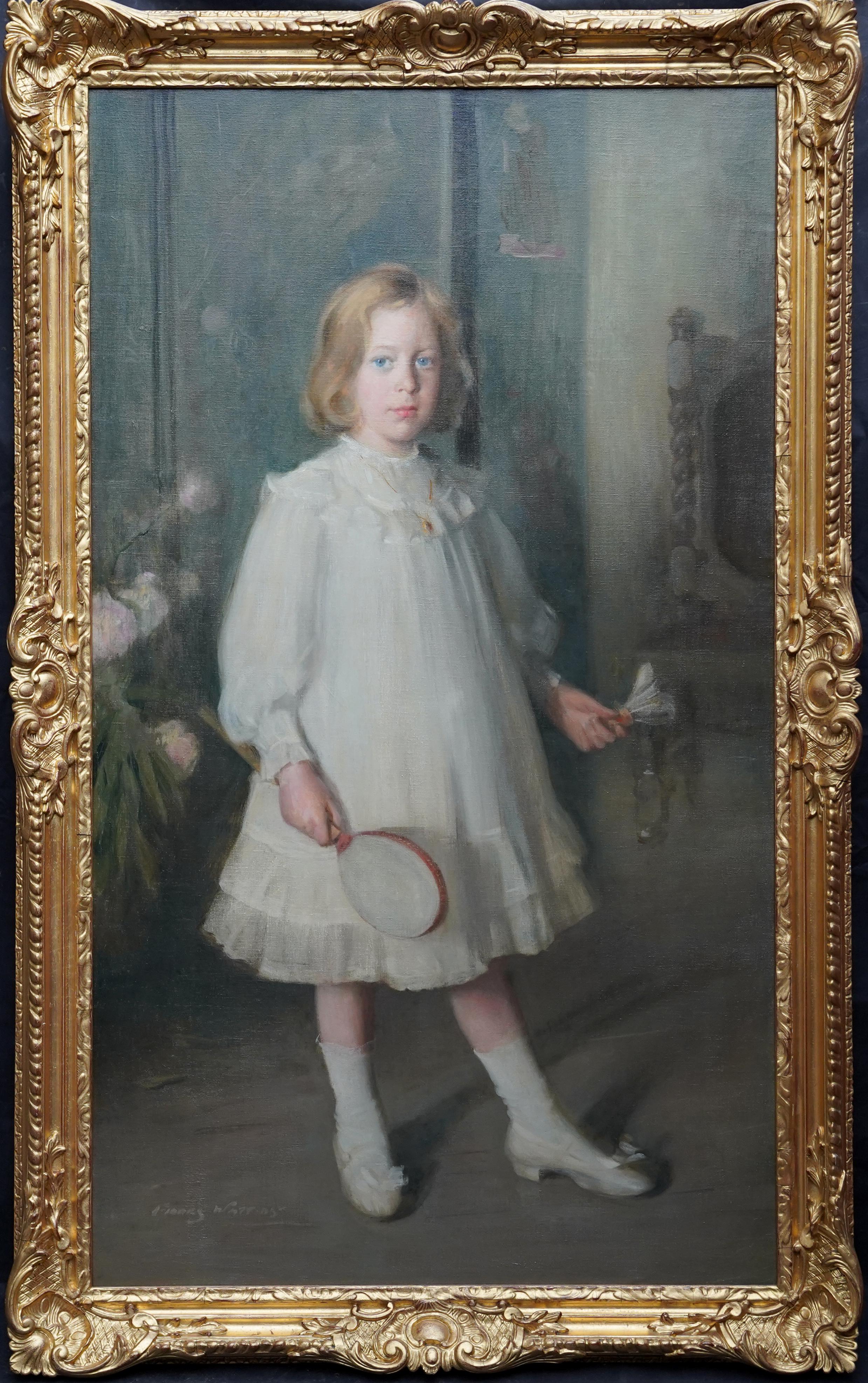 George Fiddes Watt Interior Painting - Portrait of Muriel Sutherland Playing Badminton- Scottish Edwardian Oil Painting