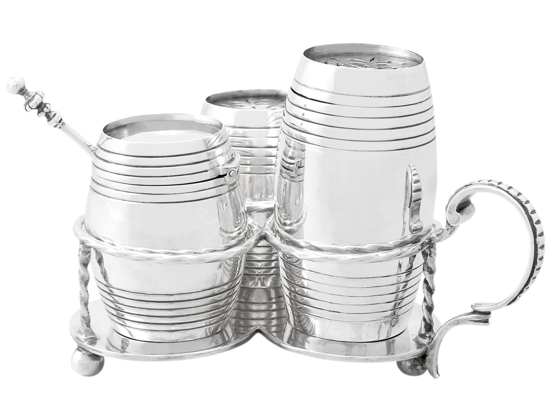 A fine, impressive and collectable antique Victorian English sterling silver cruet set modelled in the form of barrels, part of our silverware collection.

The pieces of this impressive antique Victorian sterling silver cruet set have a barrel