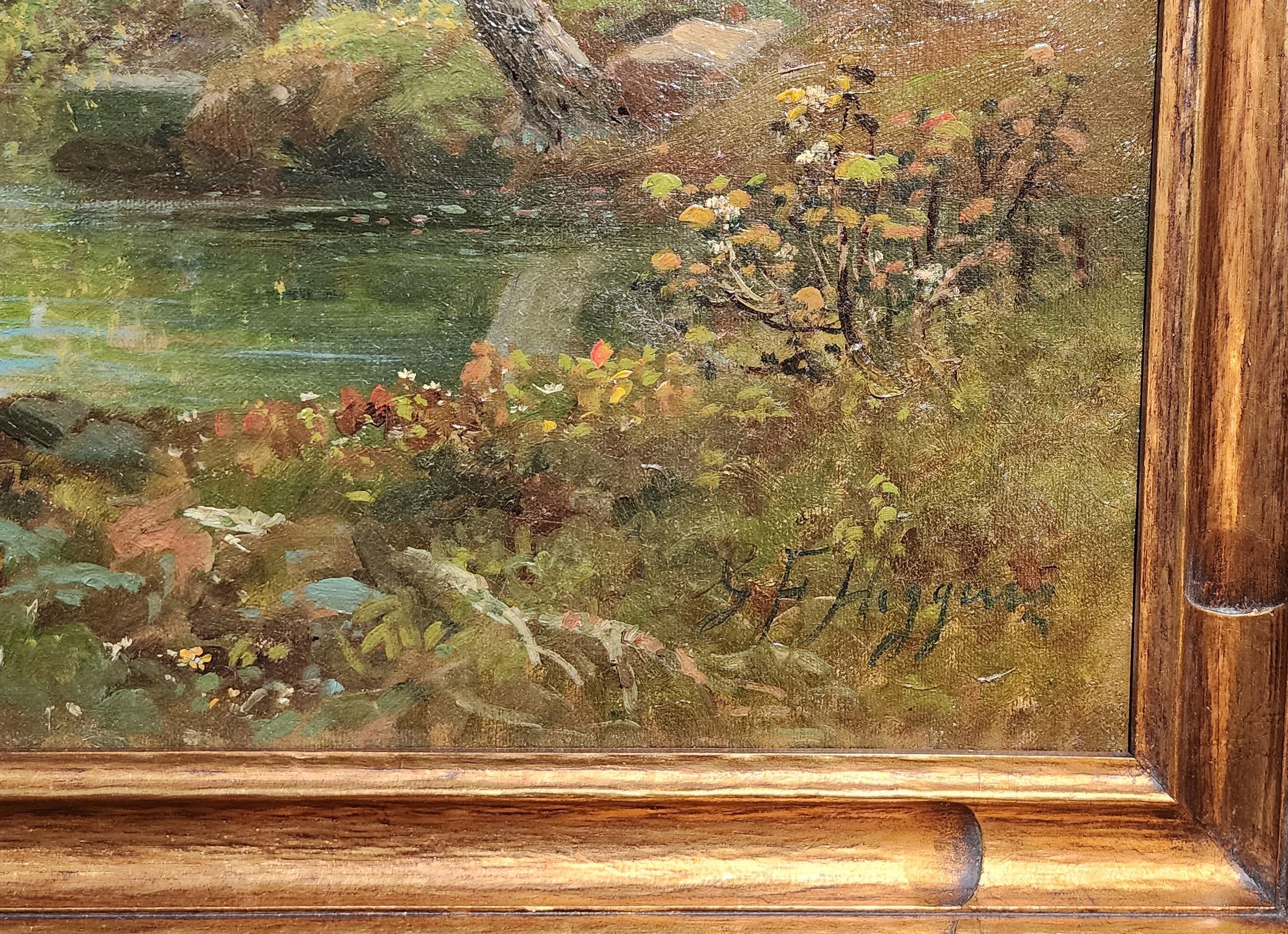 Lungo il fiume, Paesaggio americano, Scena di fiume - Painting di George Frank Higgins