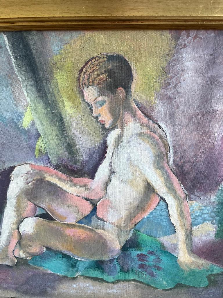 Early 20th century Art Deco Male nude oil painting of Narcissus For Sale 5