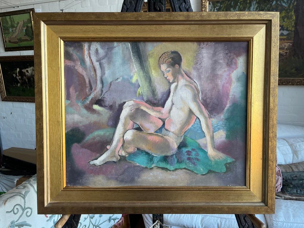 Early 20th century Art Deco Male nude oil painting of Narcissus For Sale 10