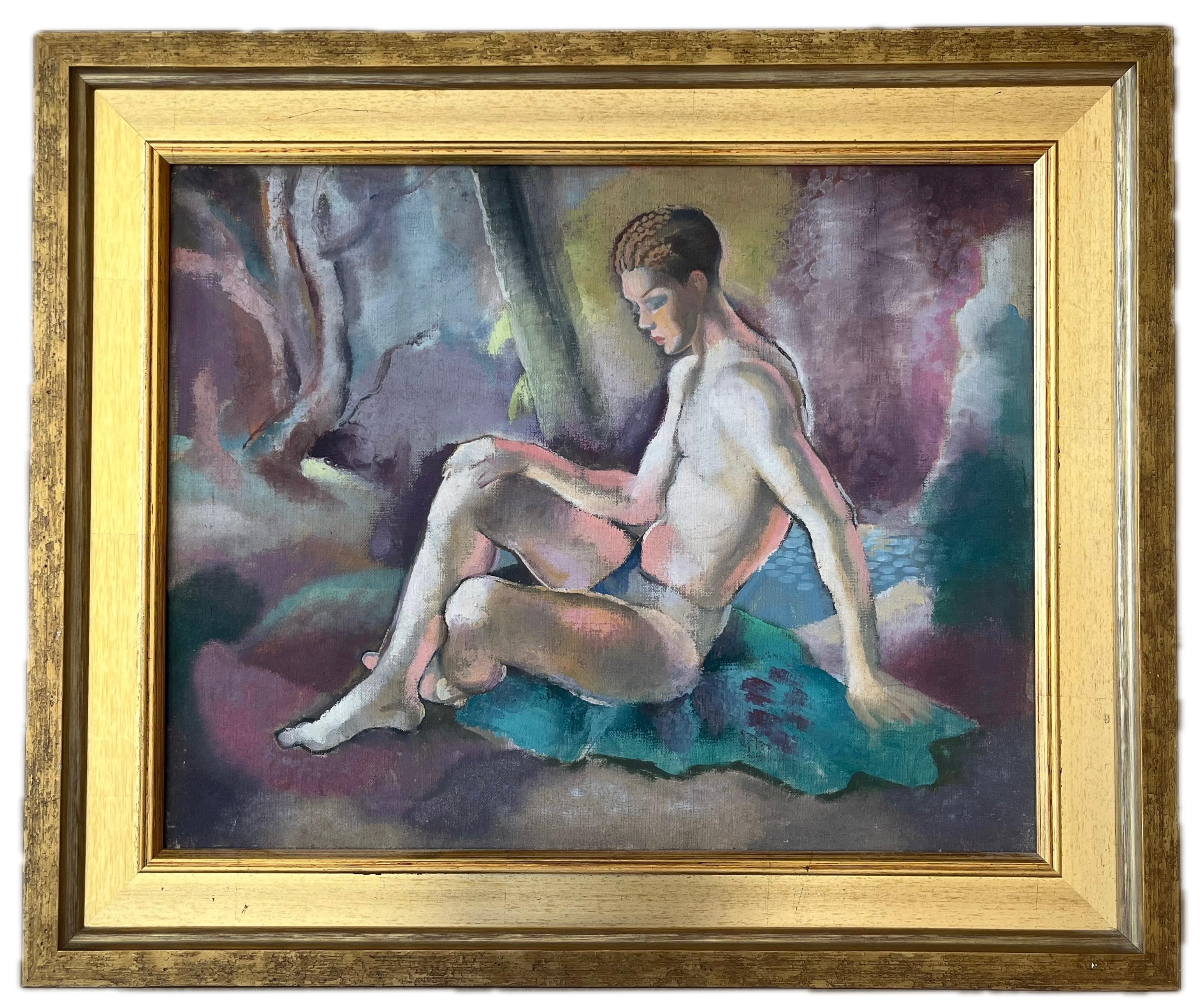 Early 20th century Art Deco Male nude oil painting of Narcissus - Painting by George Frederick Hinchcliff
