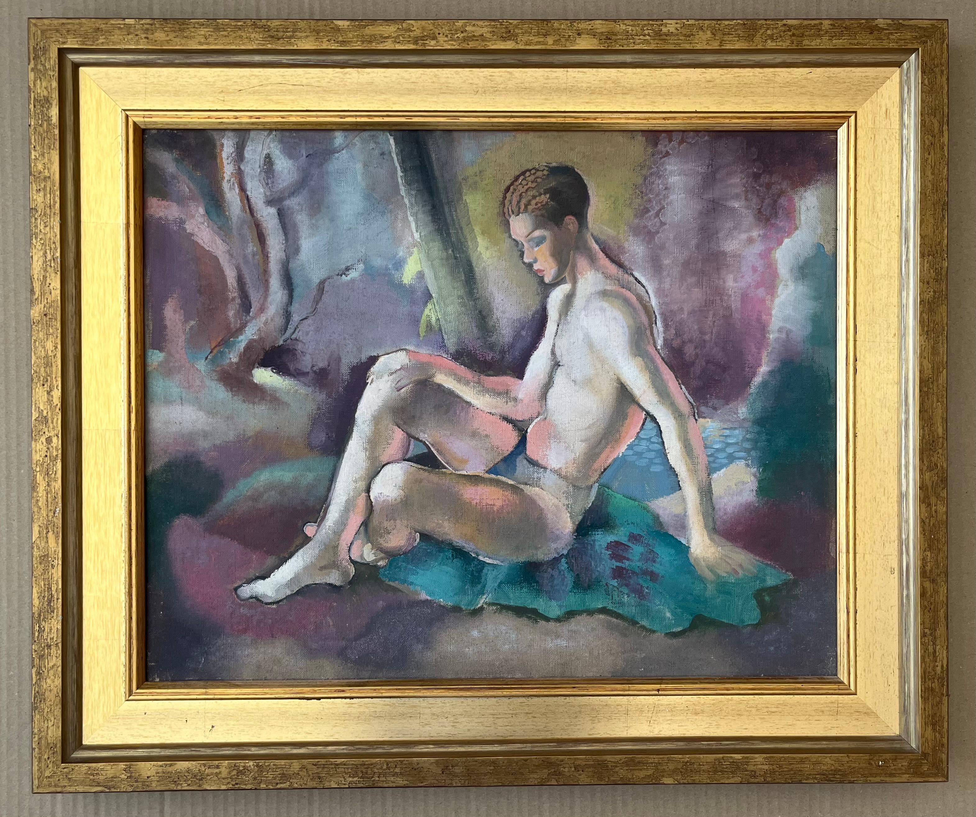 Early 20th century Art Deco Male nude oil painting of Narcissus - Modern Painting by George Frederick Hinchcliff