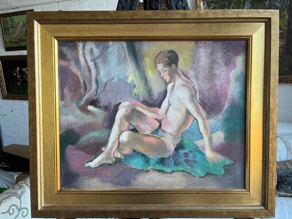 Early 20th century Art Deco Male nude oil painting of Narcissus - Gray Nude Painting by George Frederick Hinchcliff