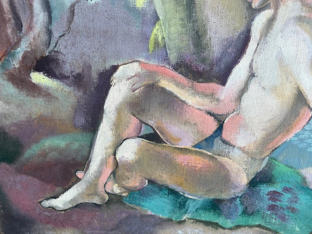 An incredibly striking study of the male form with the figure set against a colourful background with stylised organic forms. Attractively framed, the painting is ready to be hung and would be an engaging conversation piece wherever it is