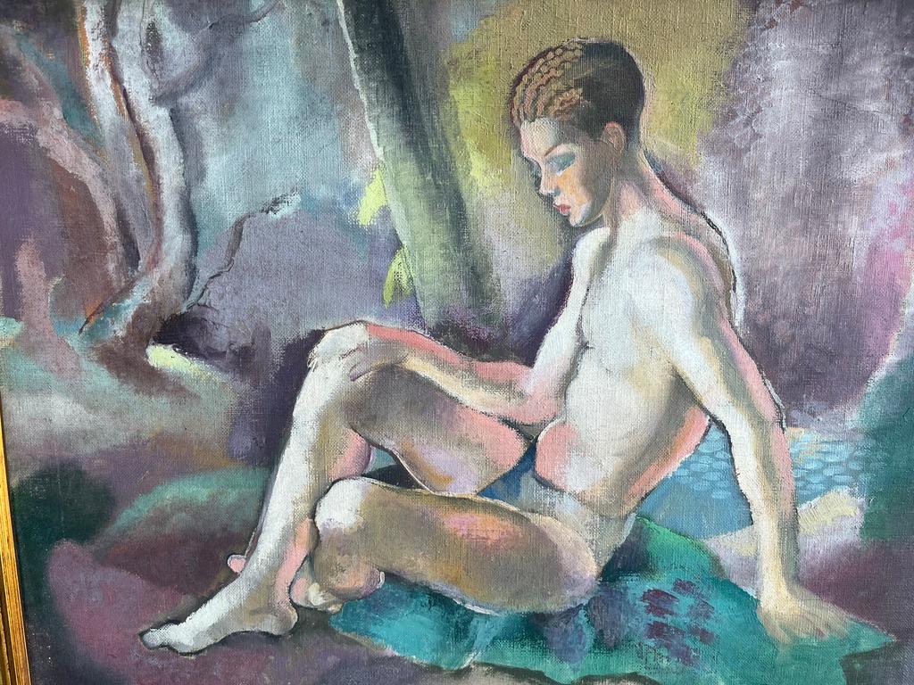 Early 20th century Art Deco Male nude oil painting of Narcissus For Sale 1