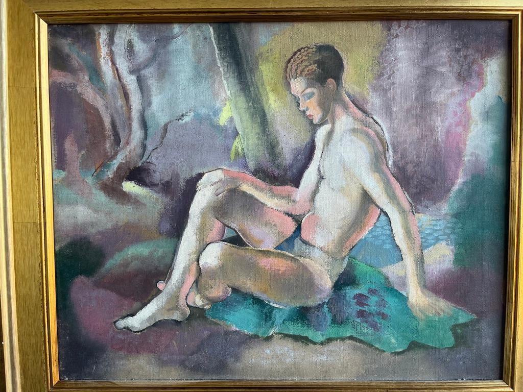 Early 20th century Art Deco Male nude oil painting of Narcissus For Sale 2