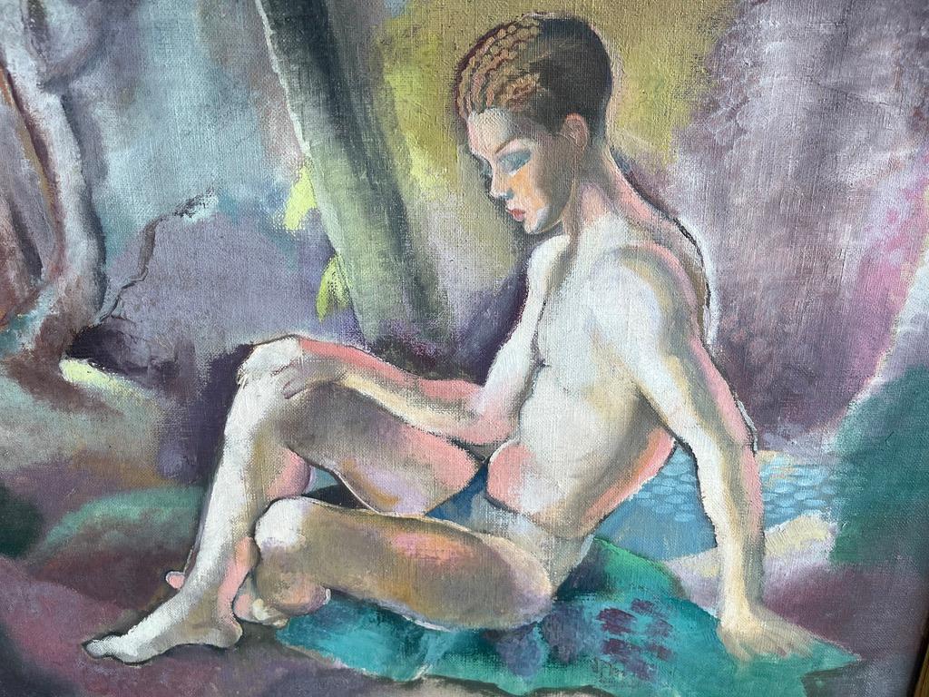 Early 20th century Art Deco Male nude oil painting of Narcissus For Sale 4