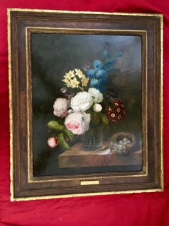 Still life of flowers in a vase with ants and flies with Roses and a birds nest 