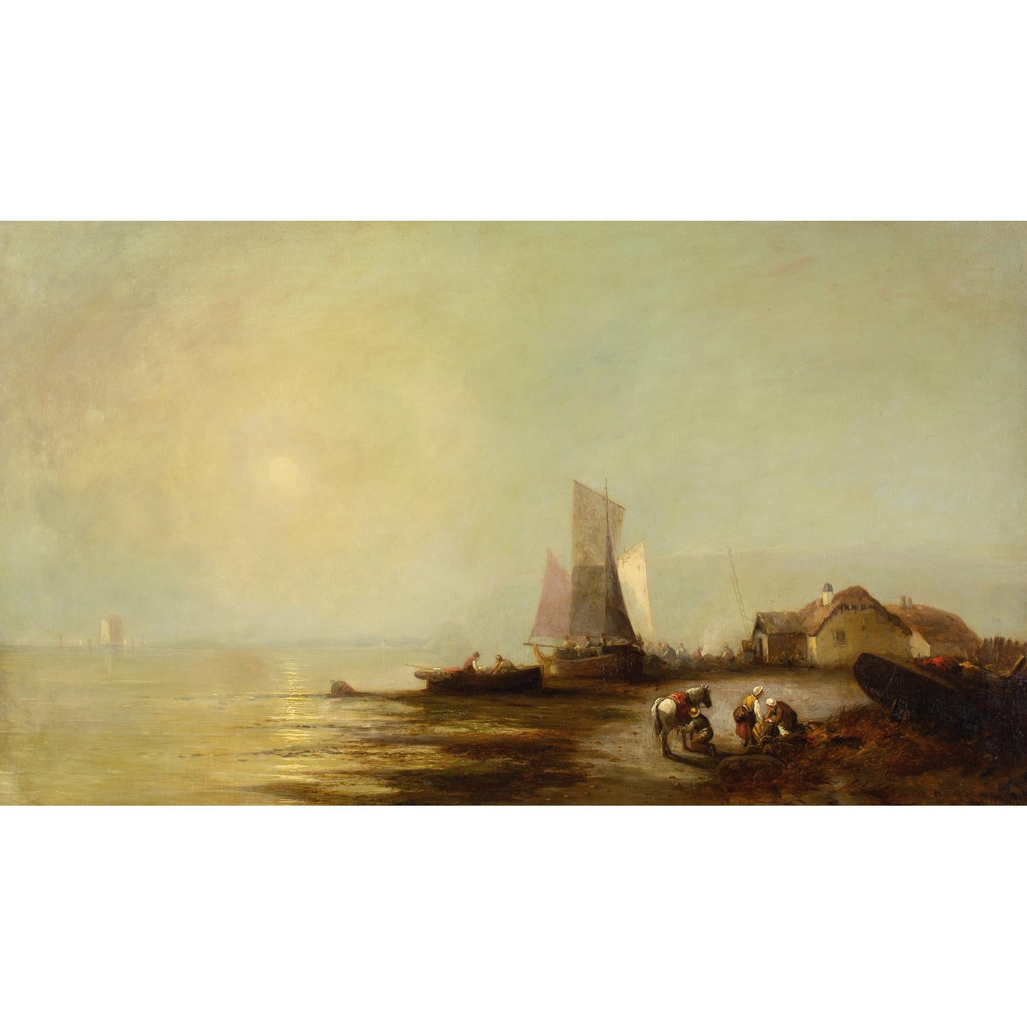 George G Fryer, Paisaje costero con pescadores, barcos y casas de campo 1