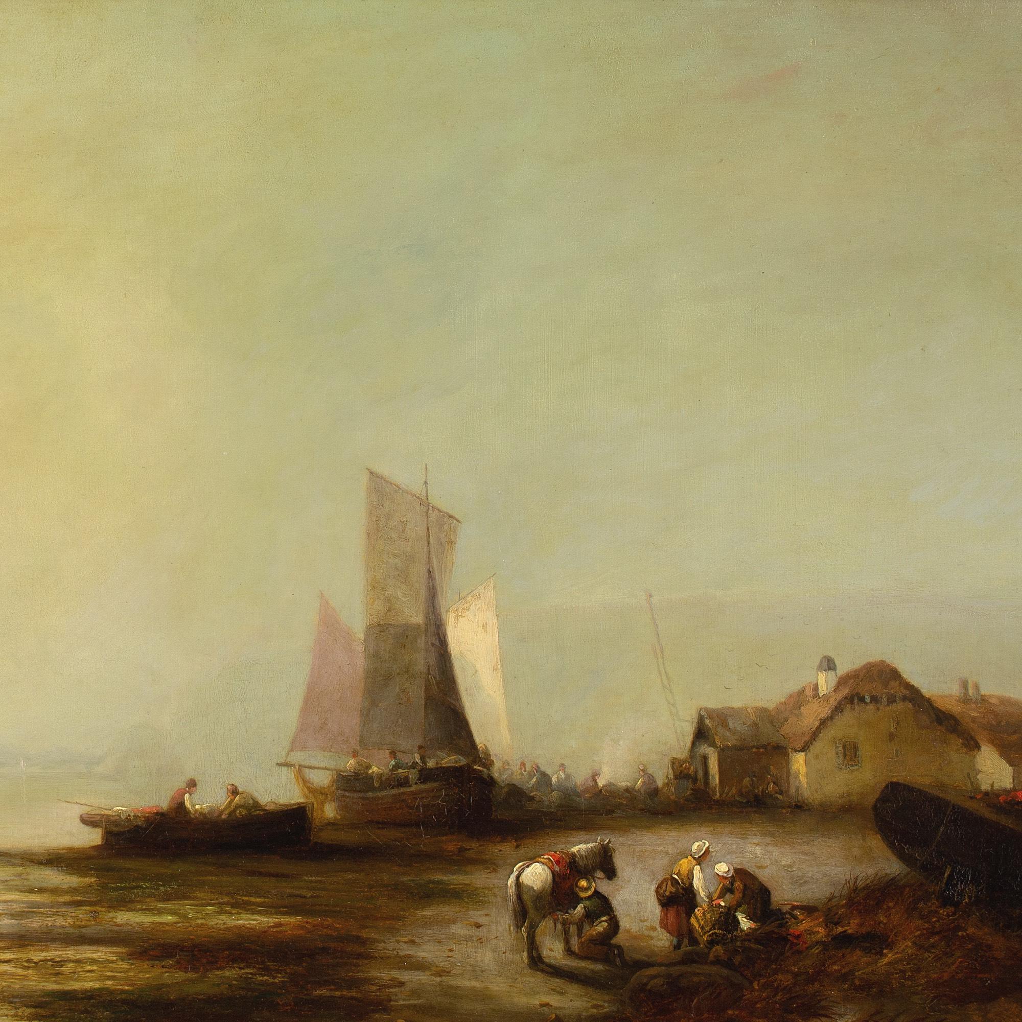 George G Fryer, Paisaje costero con pescadores, barcos y casas de campo 5