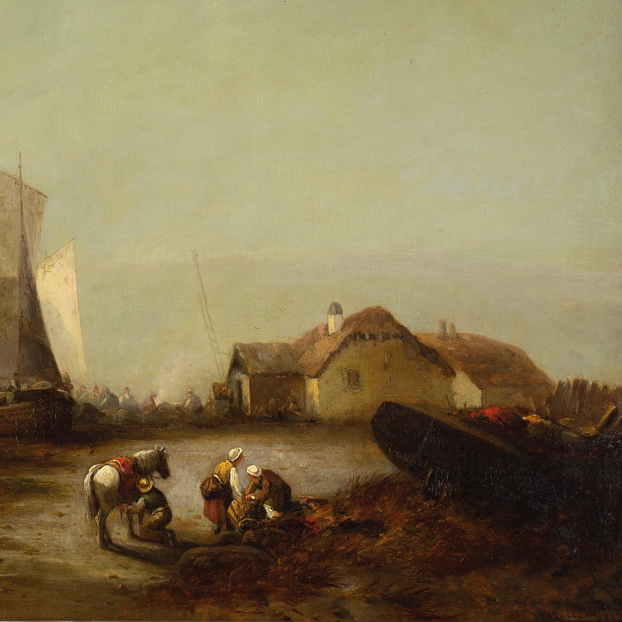 George G Fryer, Paisaje costero con pescadores, barcos y casas de campo 8