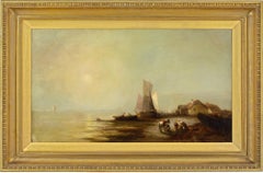 George G Fryer, Paisaje costero con pescadores, barcos y casas de campo