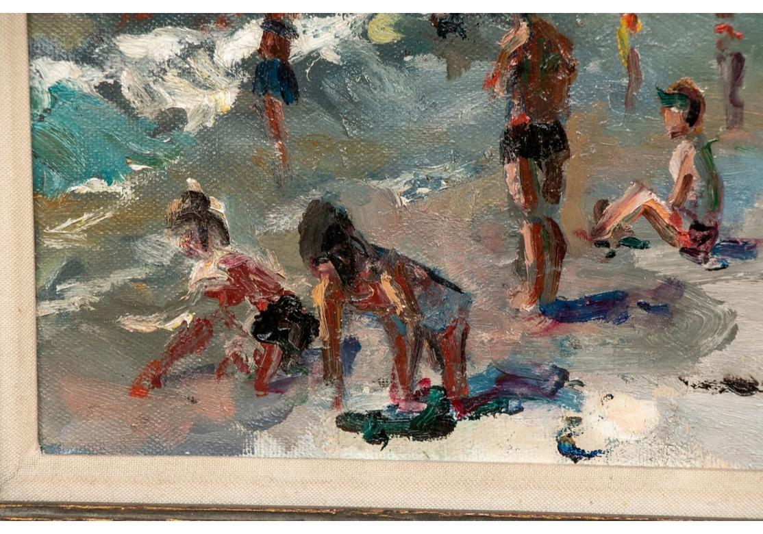 Signed and dated 1968 on the lower right and on verso with title and date. Christies labels on the stretcher- 10-JAN 07, sale 1786 lot 23. A wonderful view of the crowded beach with some women wearing two-piece bathing suits in the latest style of