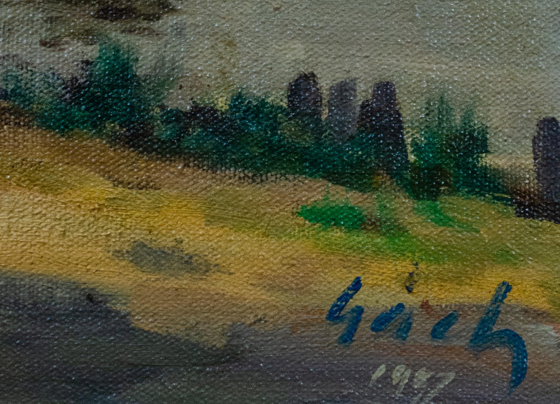 Cuadro de George Gách de Glenwood Landing, Long Island, firmado - Landscape Painting Marrón de George Gach