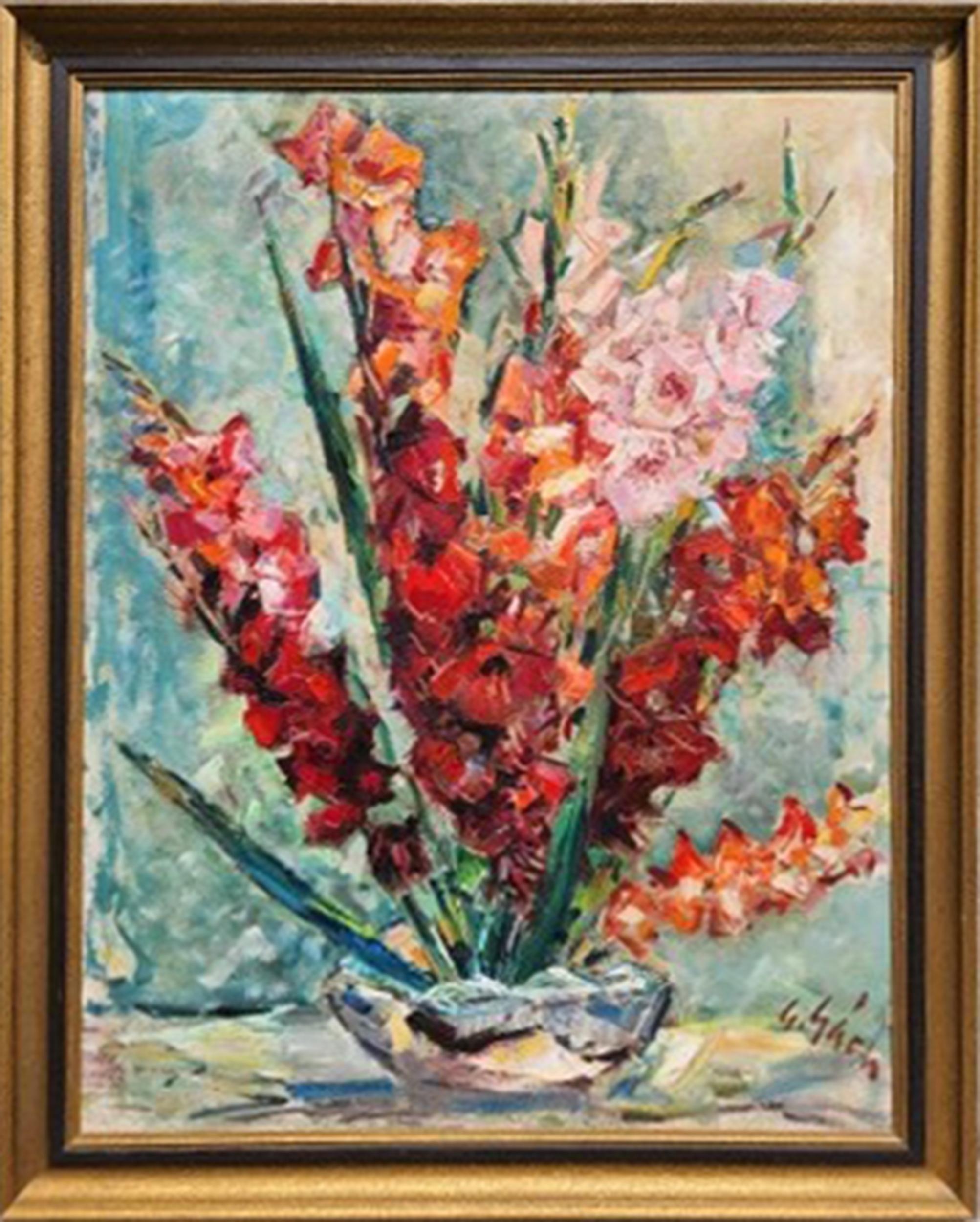 An impressionist still life painting of gladiolas flowers in a shallow vase by Hungarian artist George Gach.

Gladiolas
George Gách, Hungarian (1909–1996)
Date: 1961
Oil on Canvas, signed lower right
Size: 32.5 x 24.5 in. (82.55 x 62.23 cm)
Frame