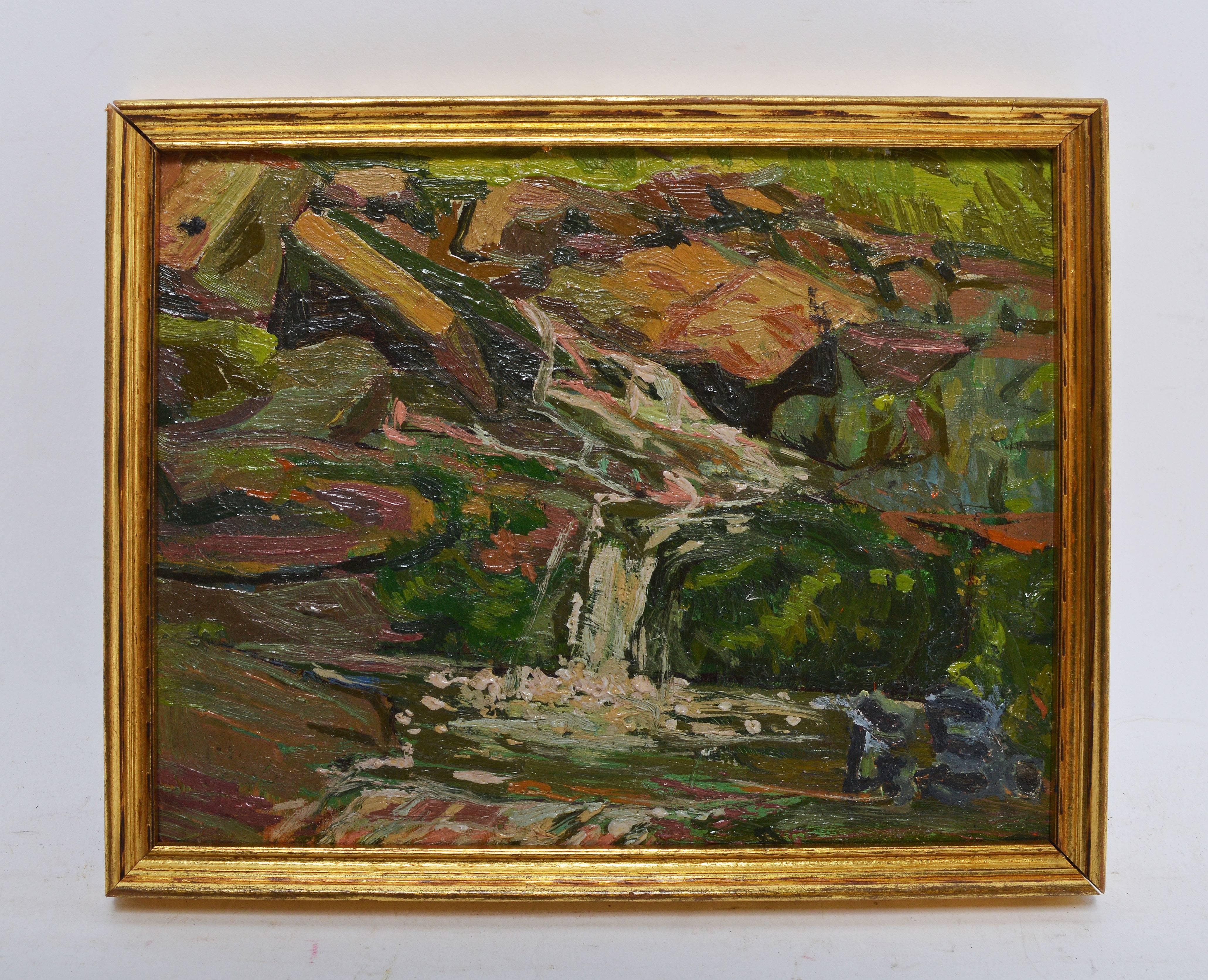 Impressionist landscape of a waterfall by George Gardner Symons  (1863 - 1930).  Oil on board, circa 1920.  Signed lower right, 