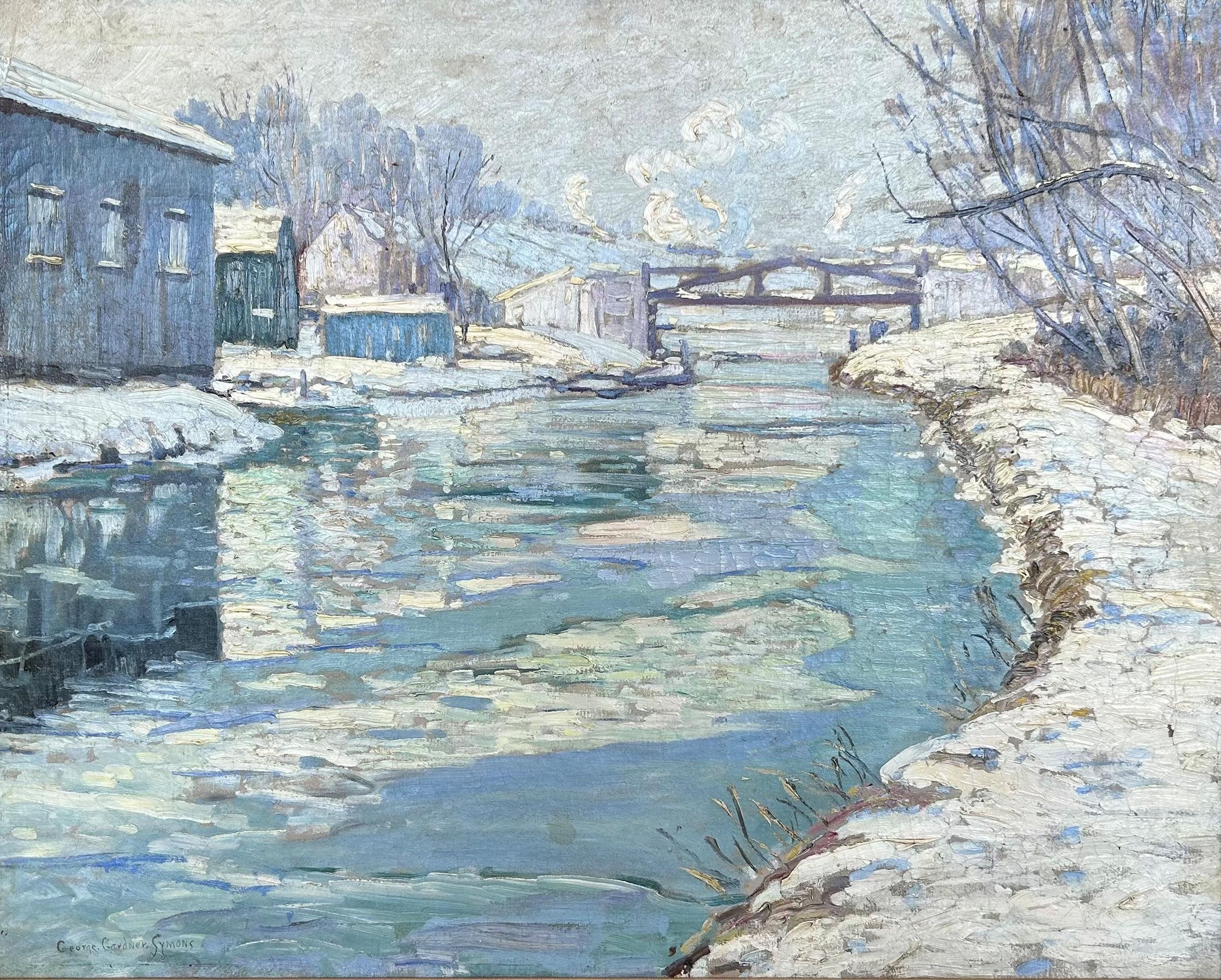 George Gardner Symons Landscape Painting - "Winter Scene: Canal Near New Hope, Pennsylvania" Impressionist Snowy Landscape
