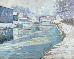 "Scène d'hiver : Canal Near New Hope, Pennsylvanie" Paysage de neige impressionniste