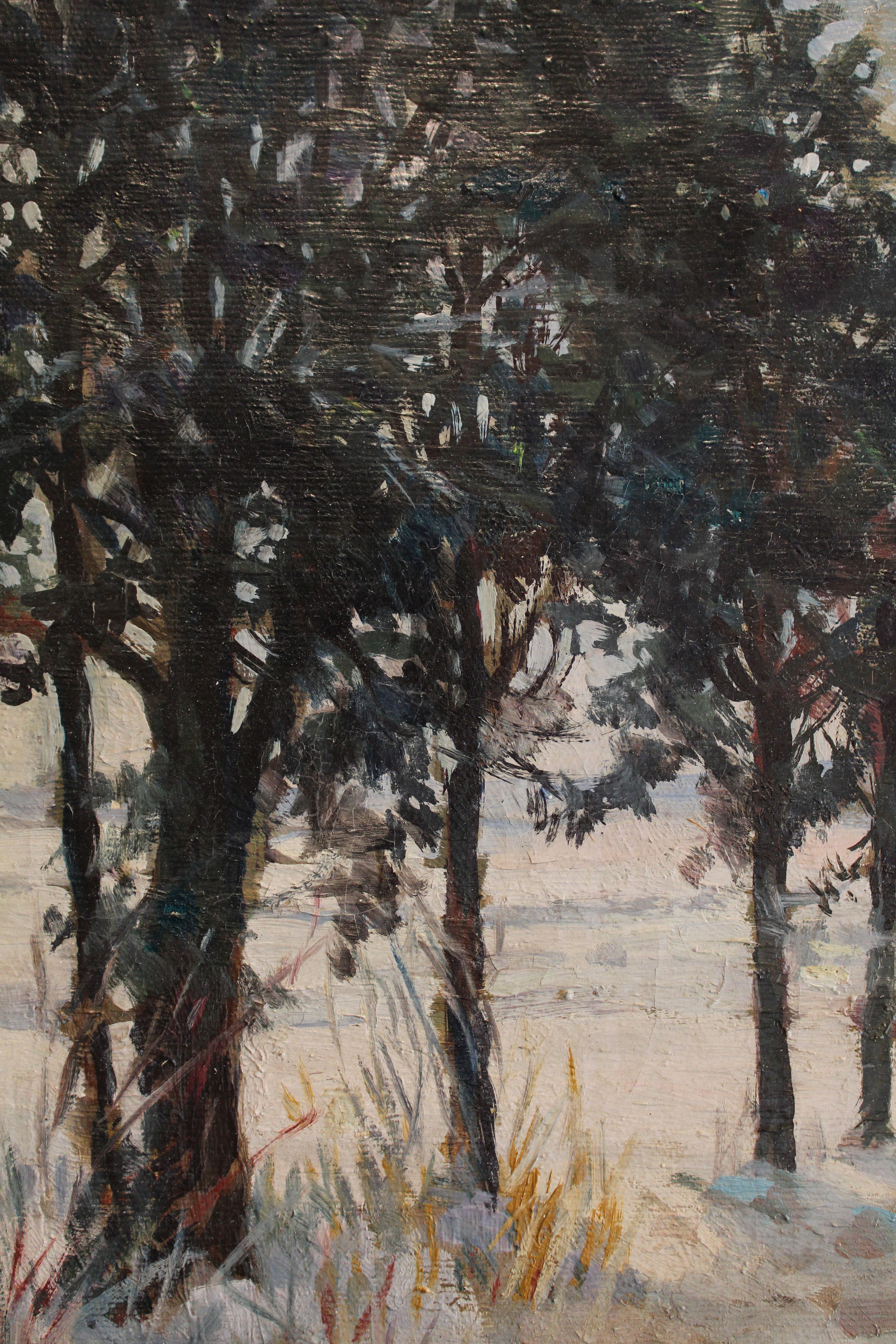 Escena invernal (Pintura al óleo antigua enmarcada) - Landscape Painting Gris de Unknown