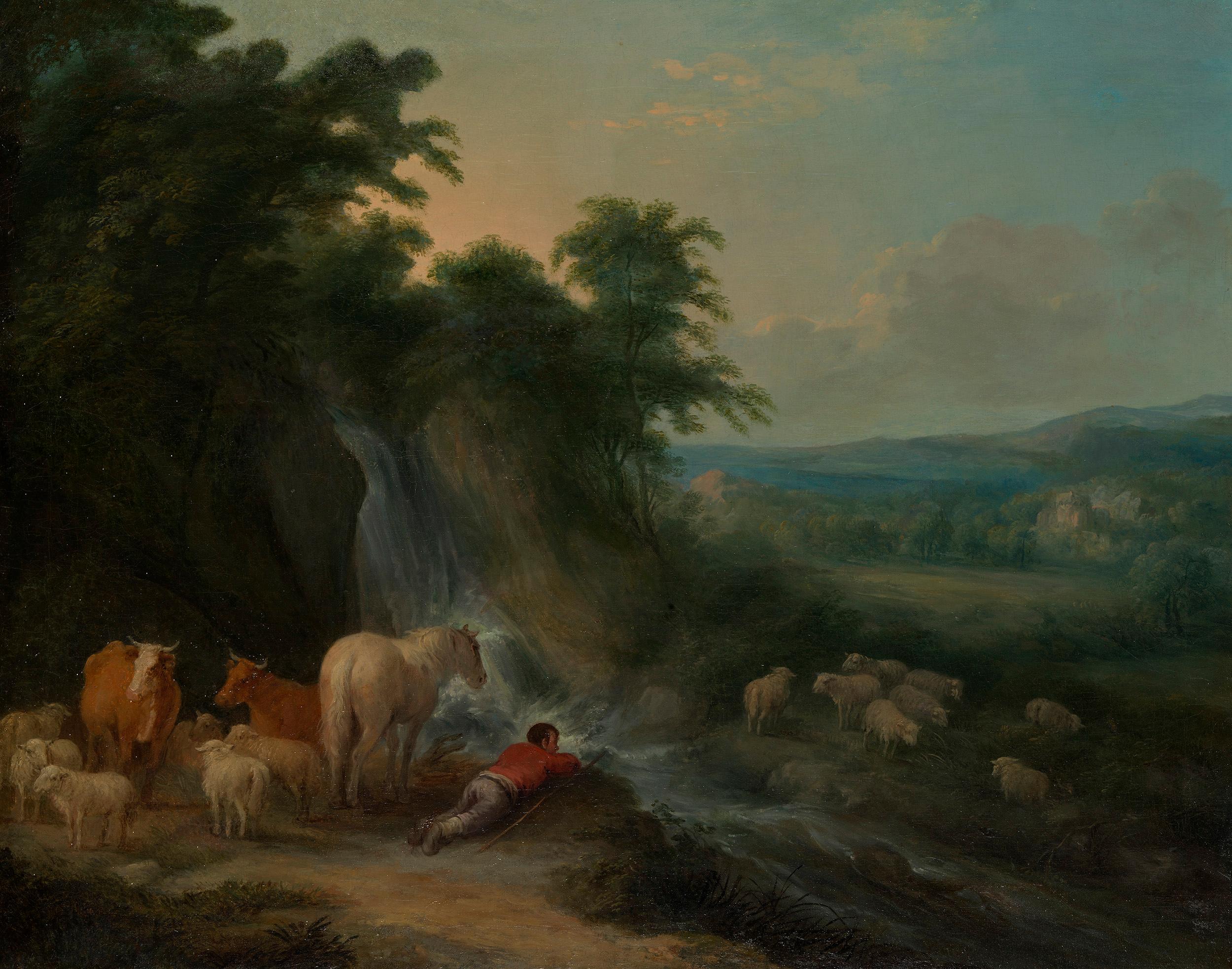 Landscape Painting George Garrard - Paysage avec animaux et personnages