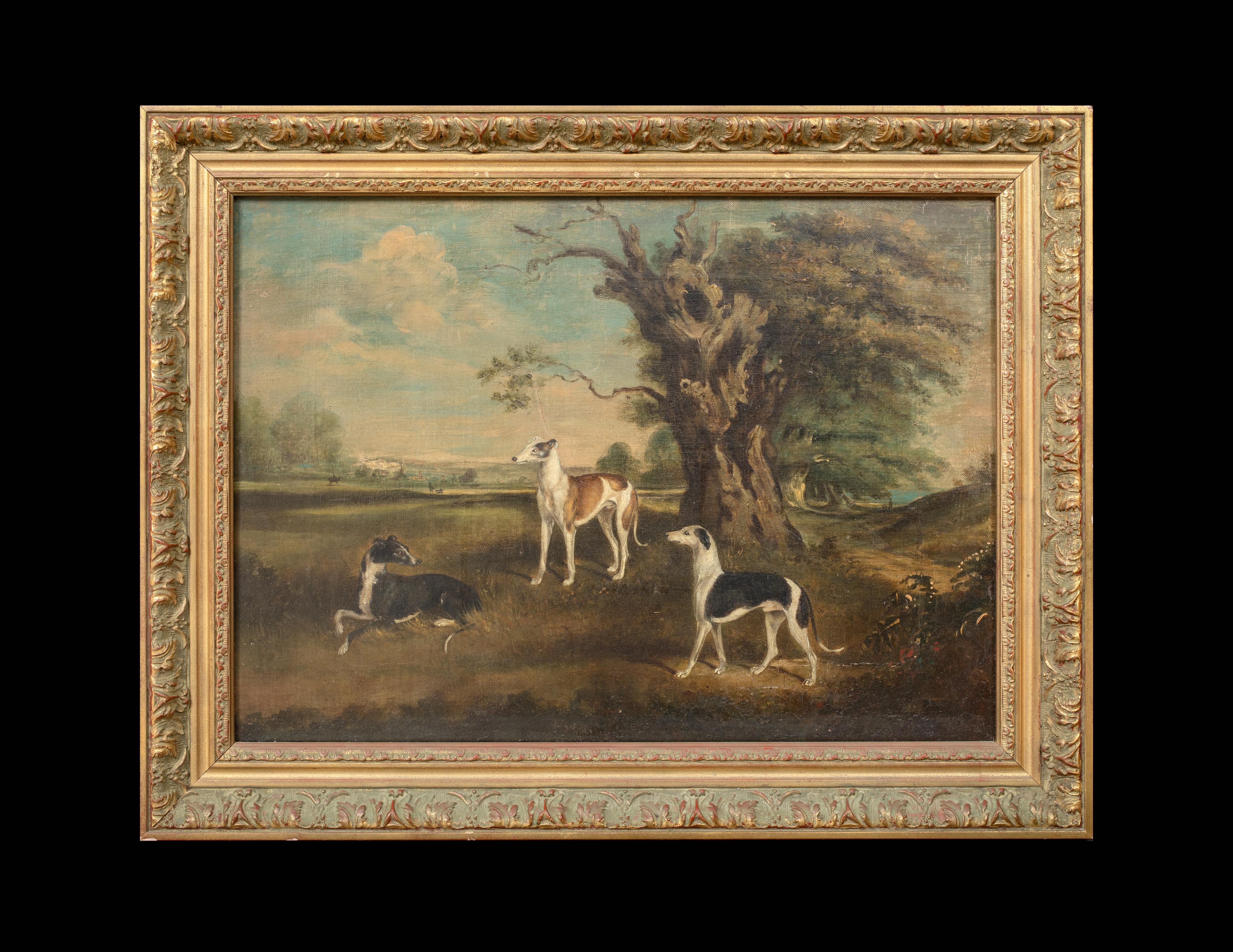 The Favourites Of The Earl Of Orford - 3 Greyhounds In A Landscape 18th Century - Painting by George Garrard