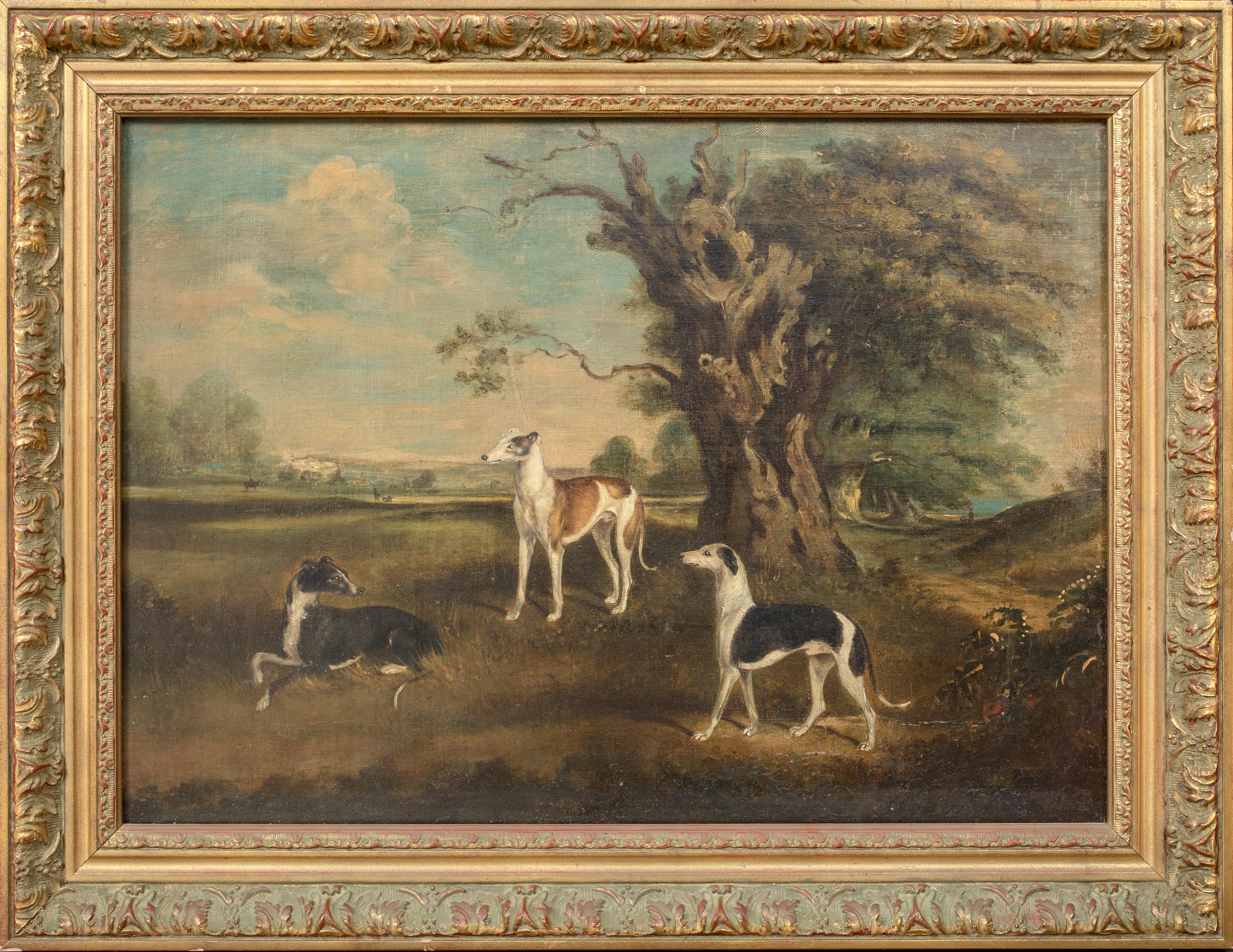George Garrard Animal Painting - The Favourites Of The Earl Of Orford - 3 Greyhounds In A Landscape 18th Century