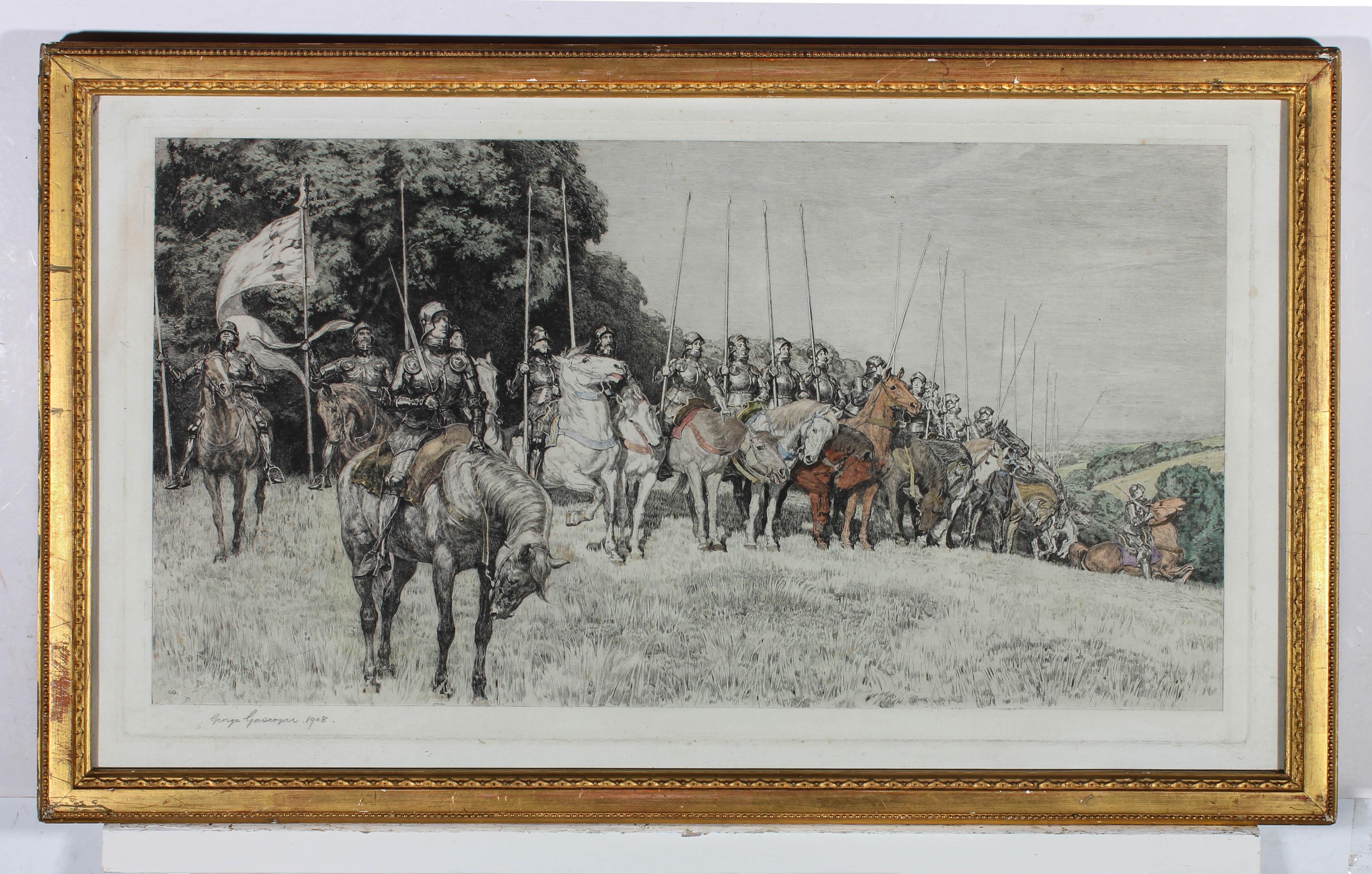A striking early 20th Century etching by George Gascoyne, after his original 1906 painting. The scene shows a front line of knights on horseback in armour, holding spears and swords. They ready themselves as the sunrises, preparing to charge.