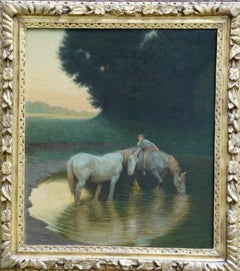 Antique The Watering Place - Landscape with Horses - British Victorian art oil painting