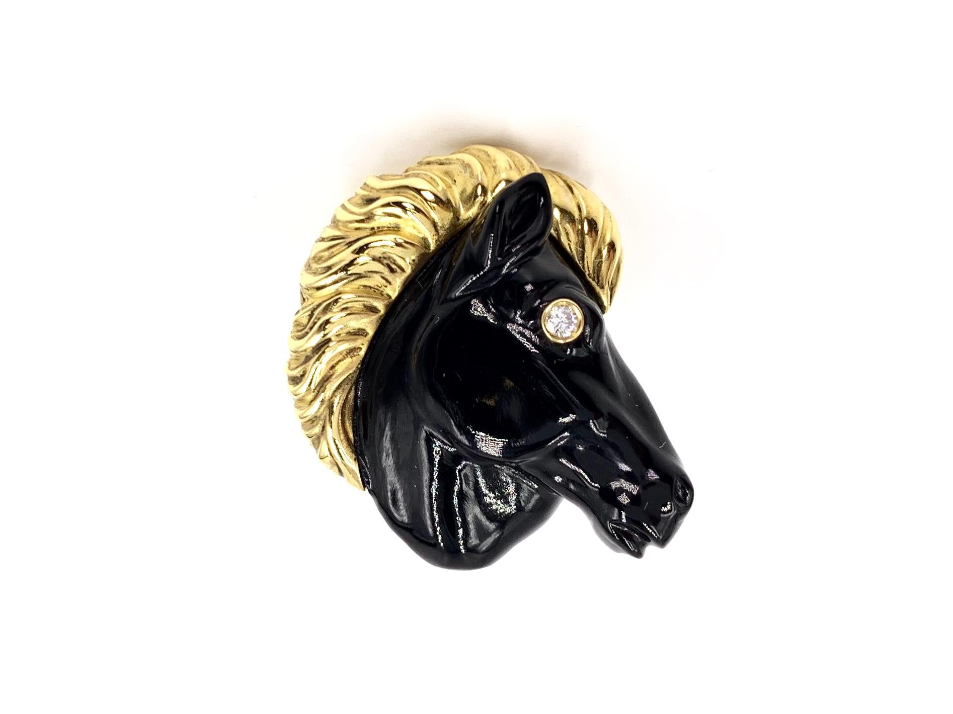Contemporary George Gero 18 Karat Carved Onyx and Diamond Horse Head Cufflinks For Sale