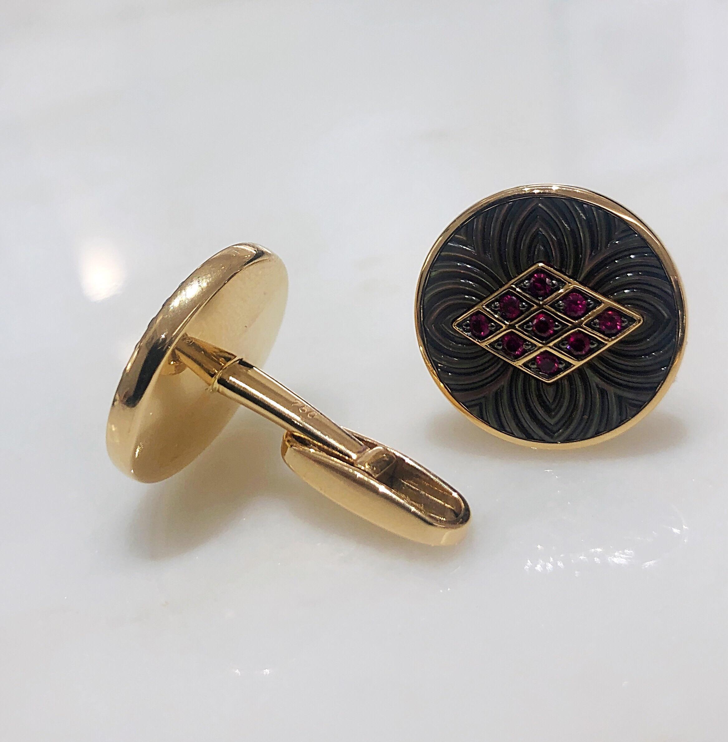 Round Cut George Gero 18 Karat Gold .44 Carat Ruby and Black Mother of Pearl Cuff Links For Sale