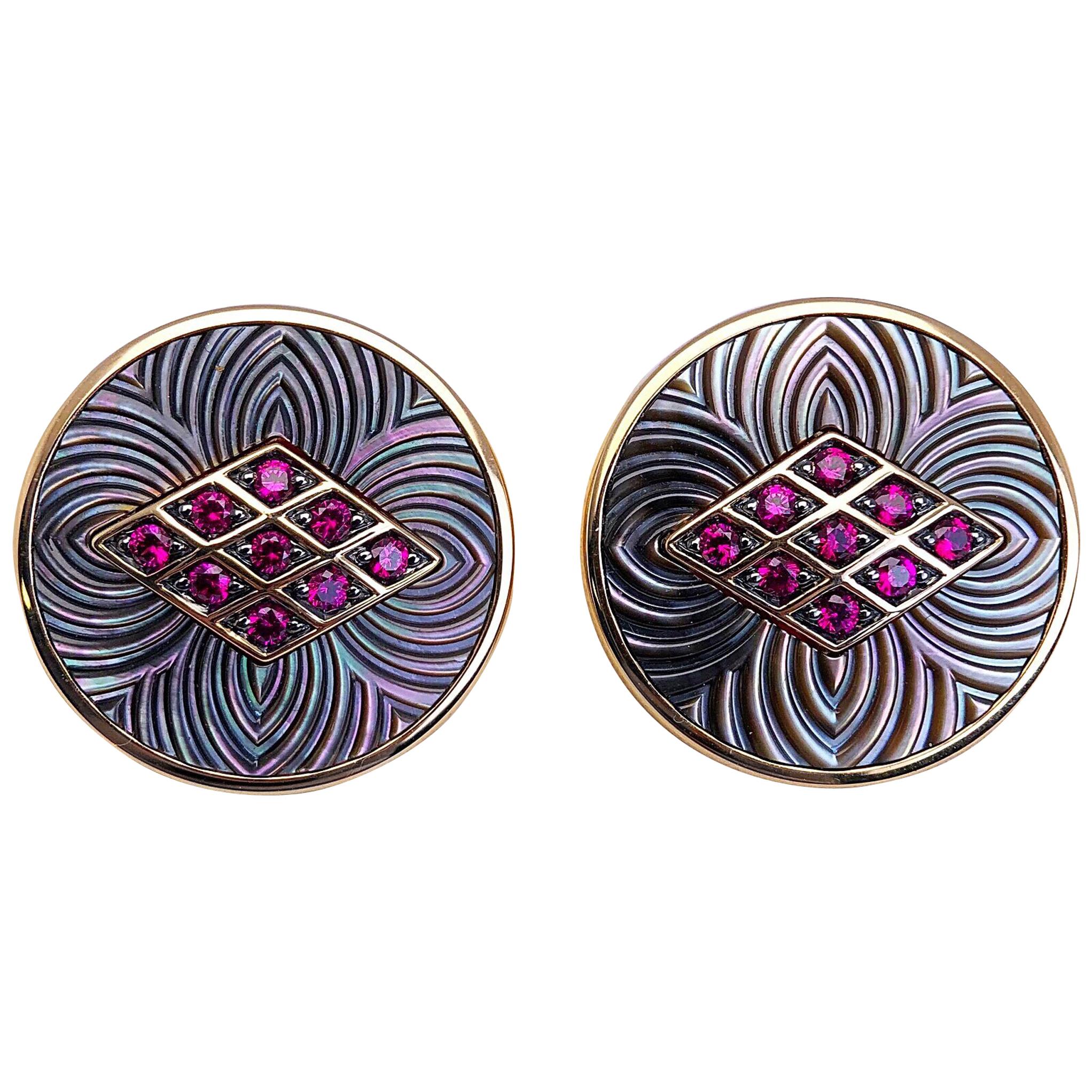 George Gero 18 Karat Gold .44 Carat Ruby and Black Mother of Pearl Cuff Links For Sale