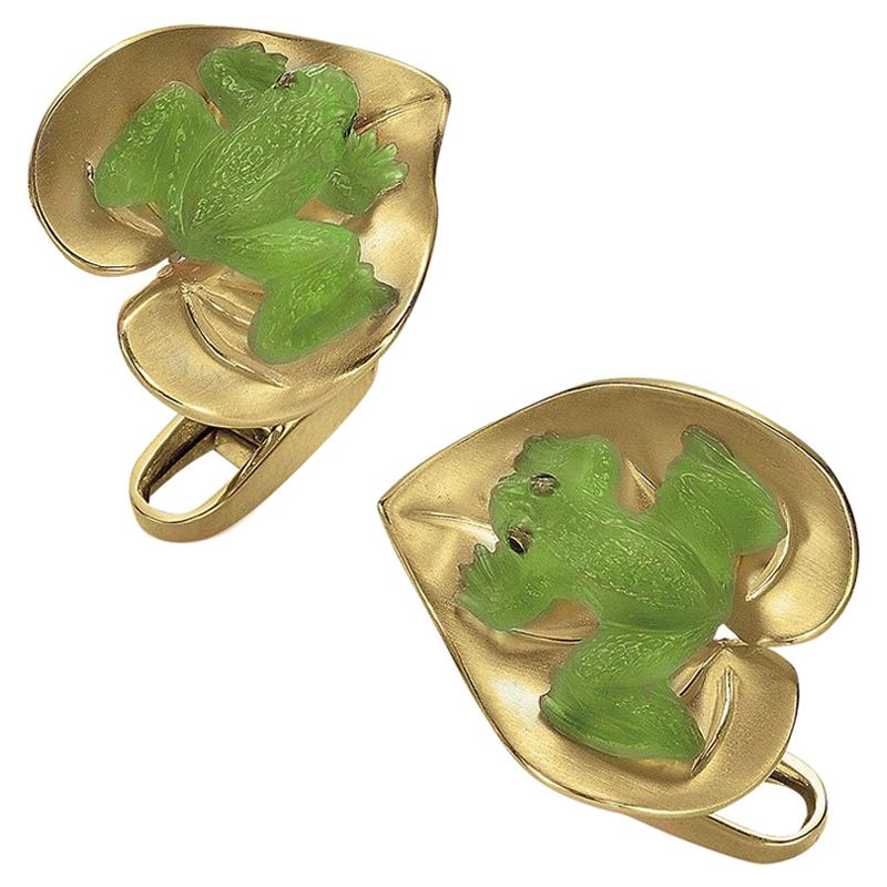 George Gero 18 Karat Yellow Gold and Agate Frog on a Lily Pad Cufflinks