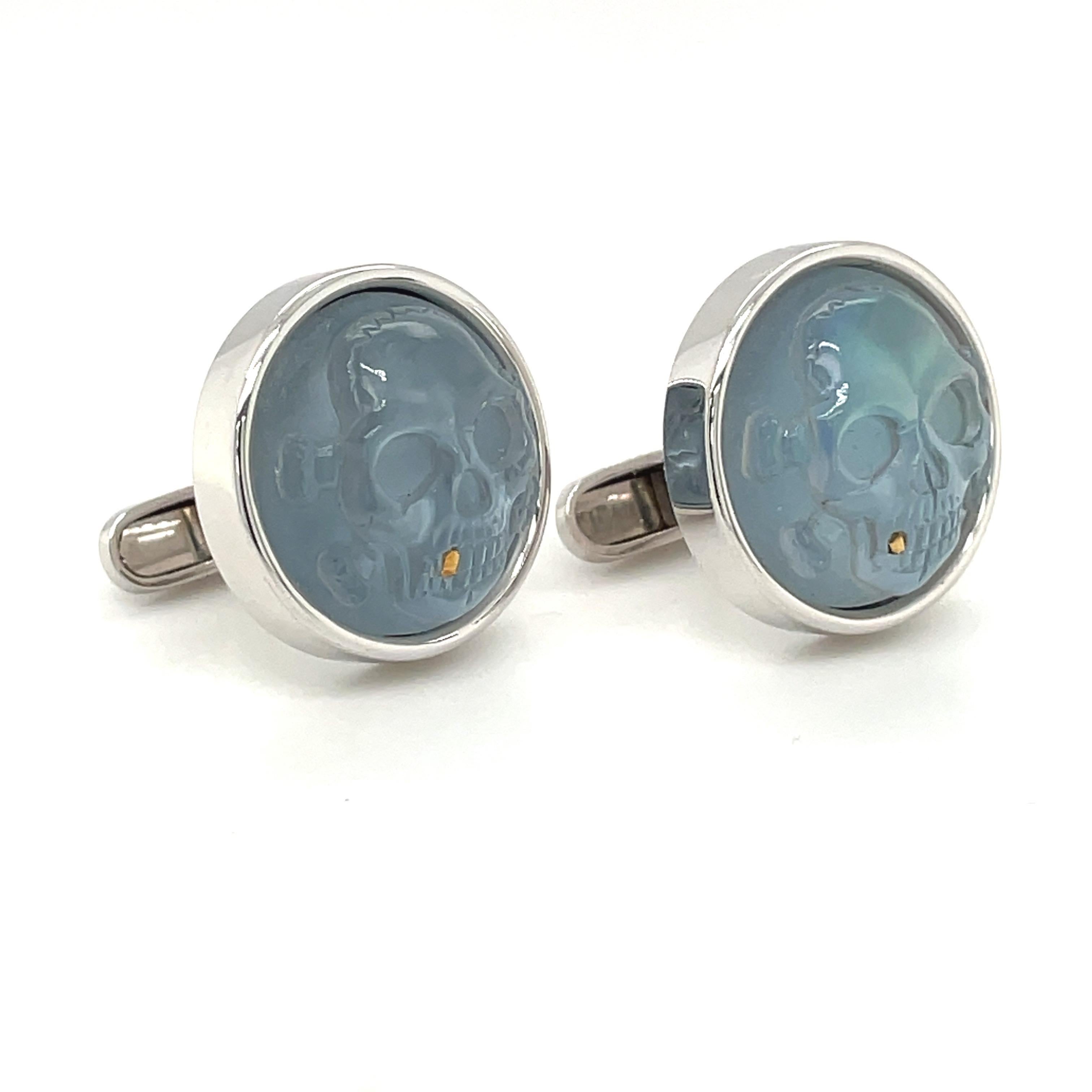 Round Cut George Gero 18kt White Gold and Blue Crystal Skull Cufflinks For Sale