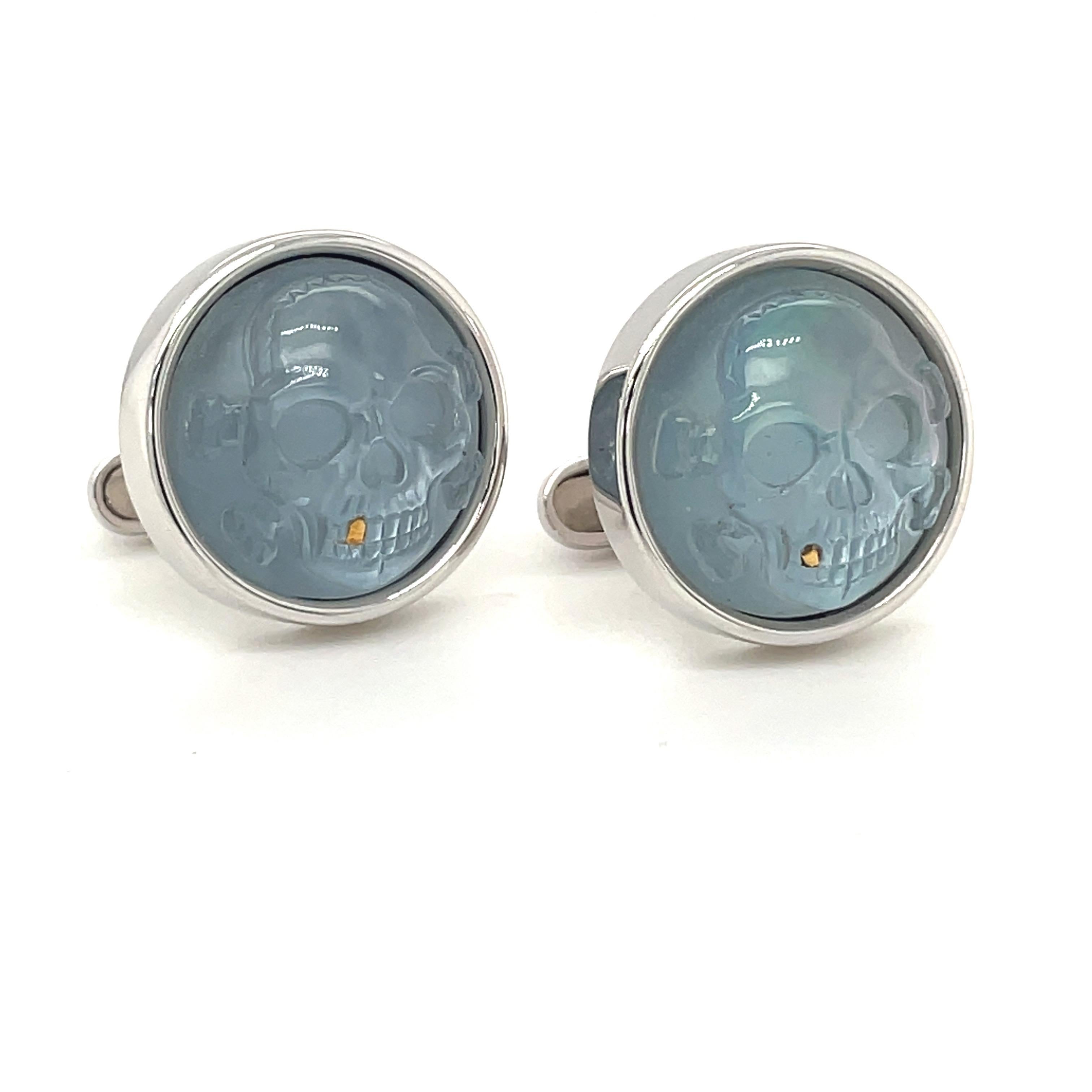 Women's or Men's George Gero 18kt White Gold and Blue Crystal Skull Cufflinks For Sale