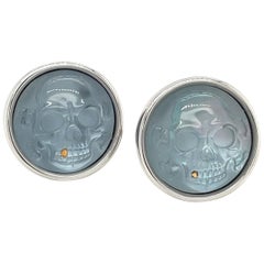 George Gero 18kt White Gold and Blue Crystal Skull Cufflinks