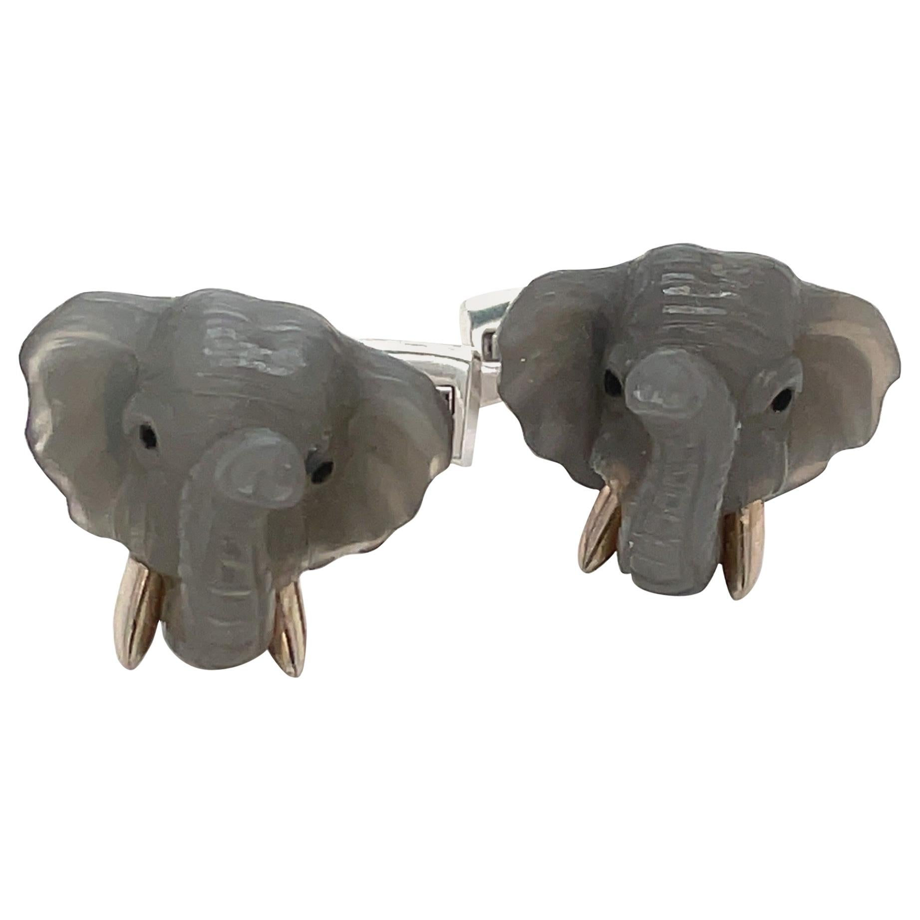 Michael Kanners18kt WG Moonstone & Blue Sapphire Elephant Head Cuff Links For Sale