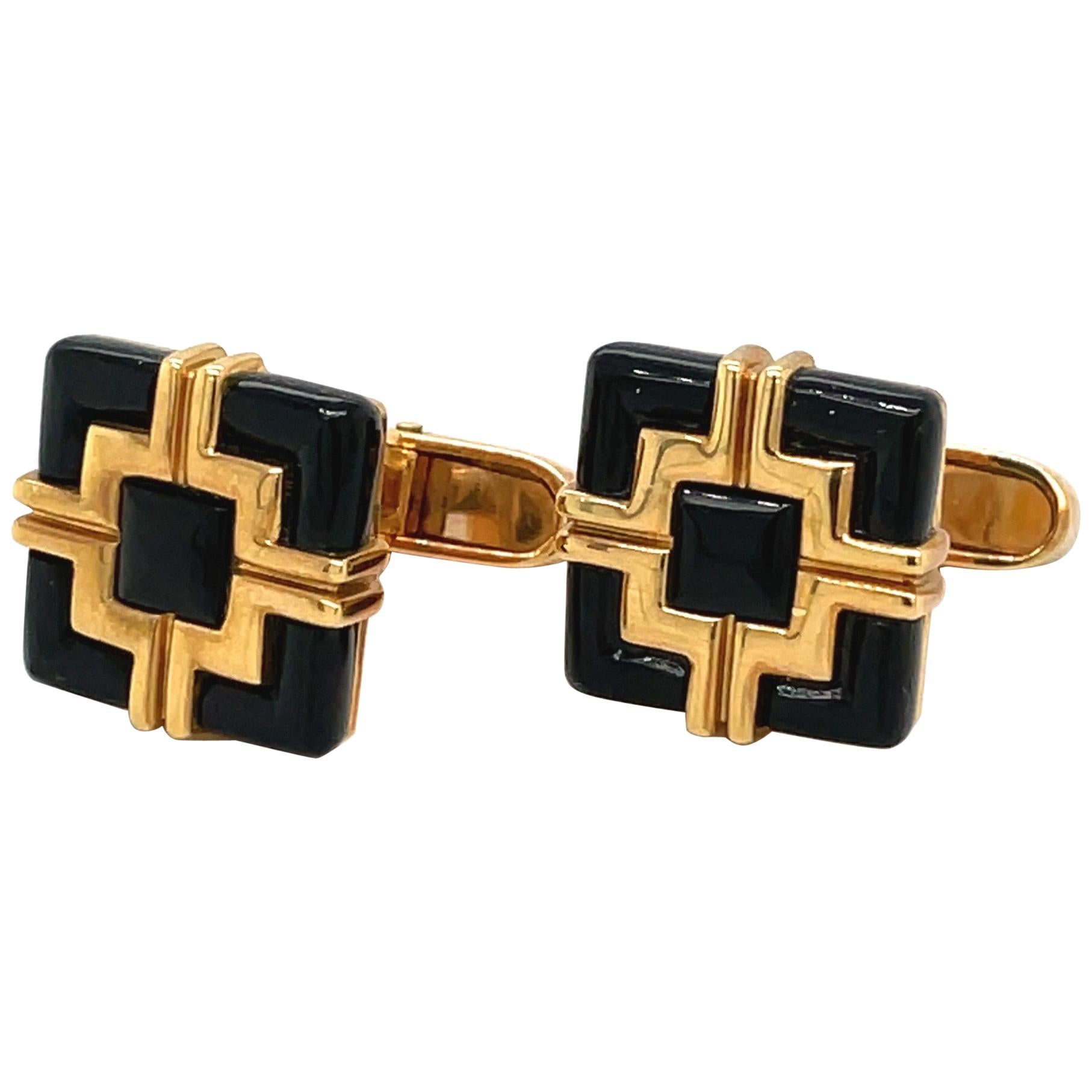 Geometrische Manschettenknöpfe von George Gero, 18KT Gelbgold, schwarzer Onyx im Angebot