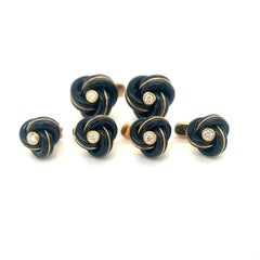 George Gero 18KT Yellow Gold Cuff Links/Studs Dress Set Onyx &  0.34 Ct Diamond
