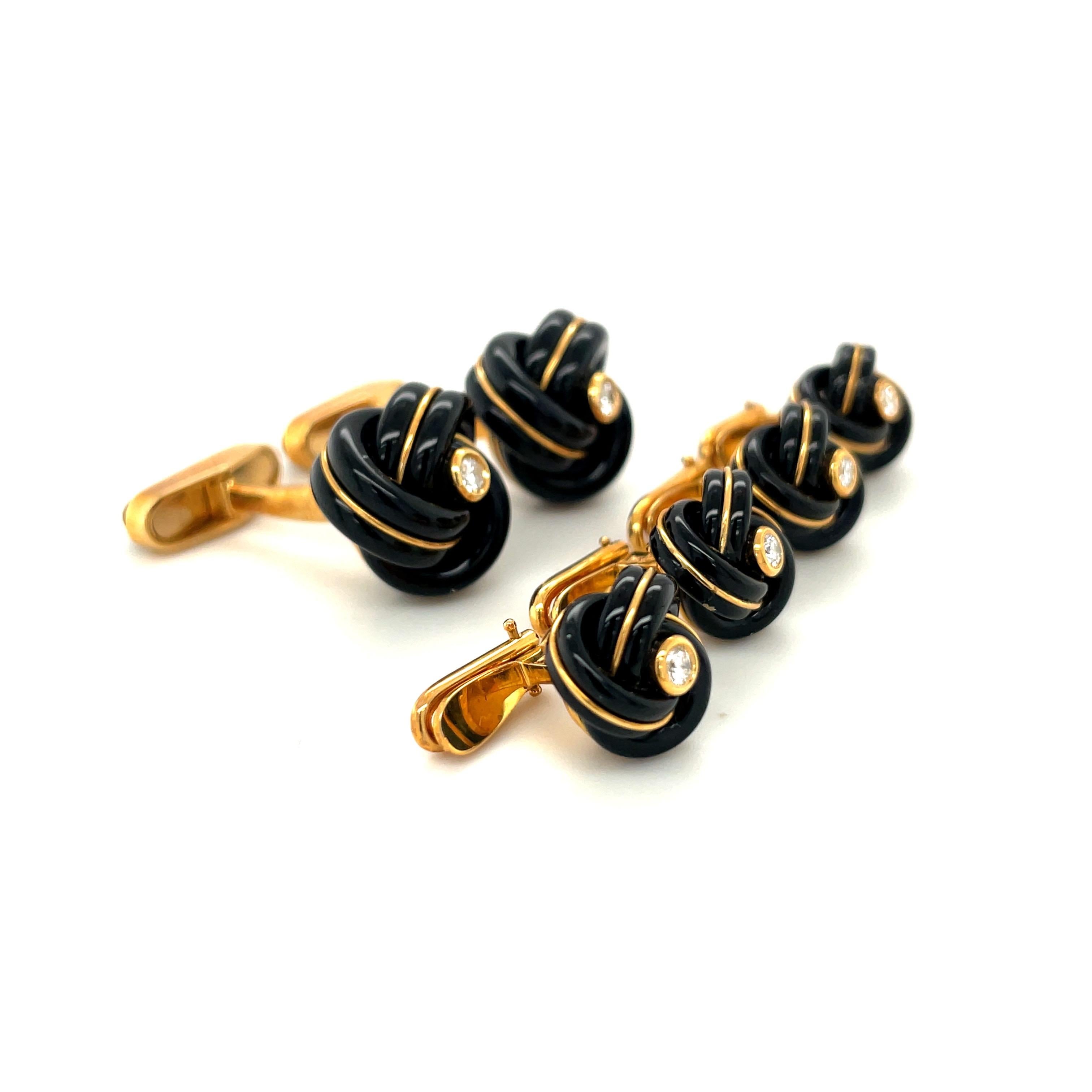George Gero 18KT Yellow Gold Cuff Links/Studs Dress Set Onyx &  0.34 Ct Diamond In New Condition For Sale In New York, NY
