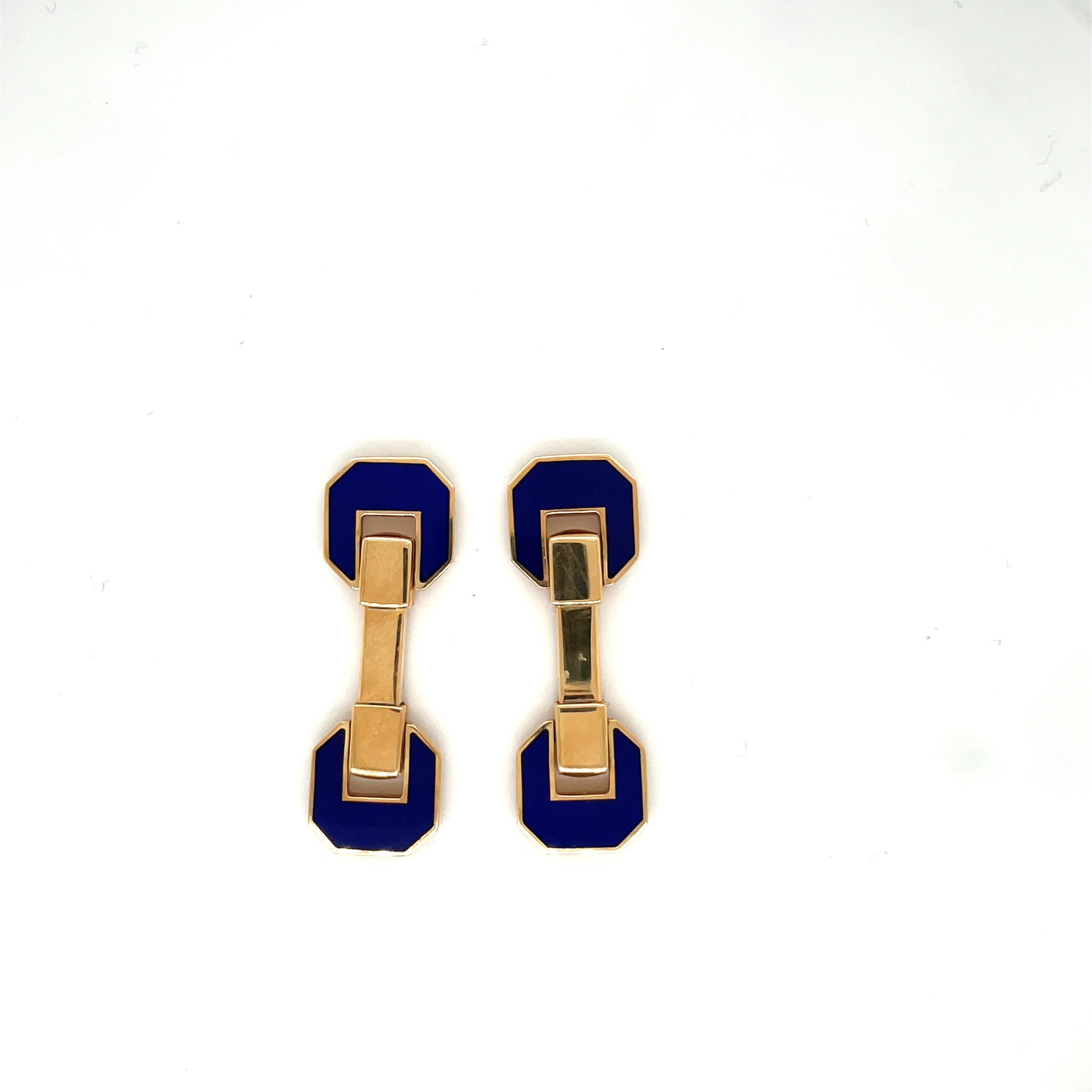 Retro George Gero 18KT Yellow Gold Cuff Links with Blue Enamel For Sale